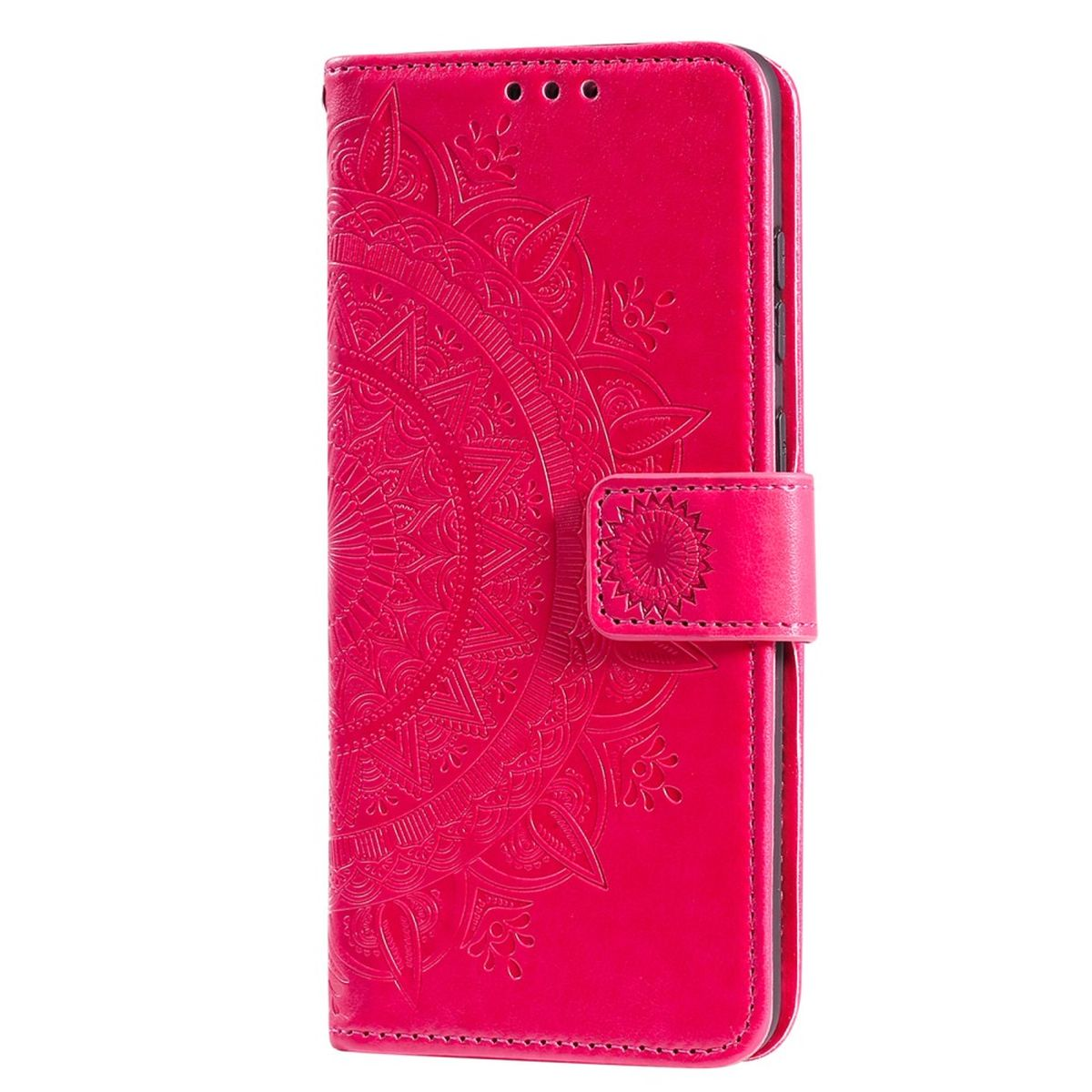 Rosa Handyhülle mit geprägtem Mandala-Design und einem Verschluss.