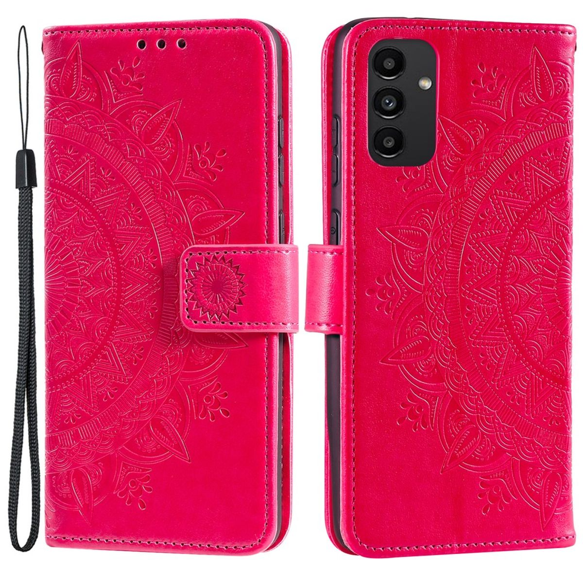 Eine pinkfarbene Leder-Handyhülle, offen und geschlossen, mit floralem Design und Handschlaufe.