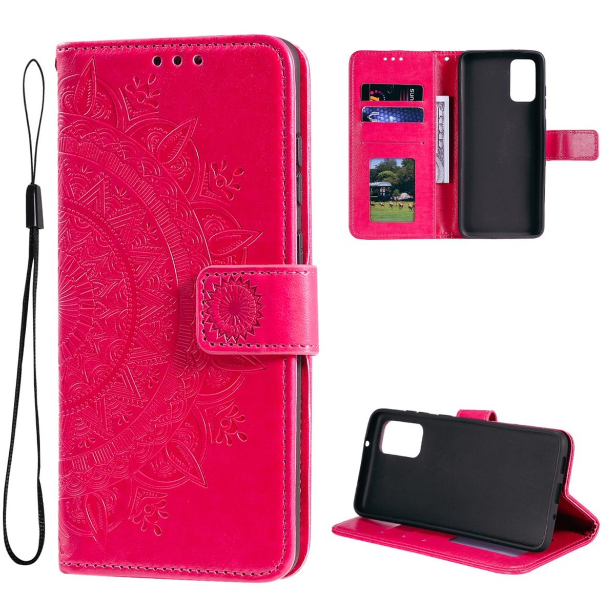 Rosa Handyhülle mit floralem Design, offen und geschlossen.