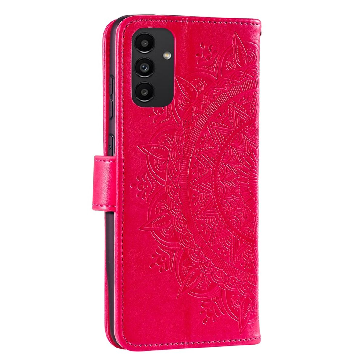 Eine pinke Handyhülle mit Mandala-Design auf weißem Untergrund.