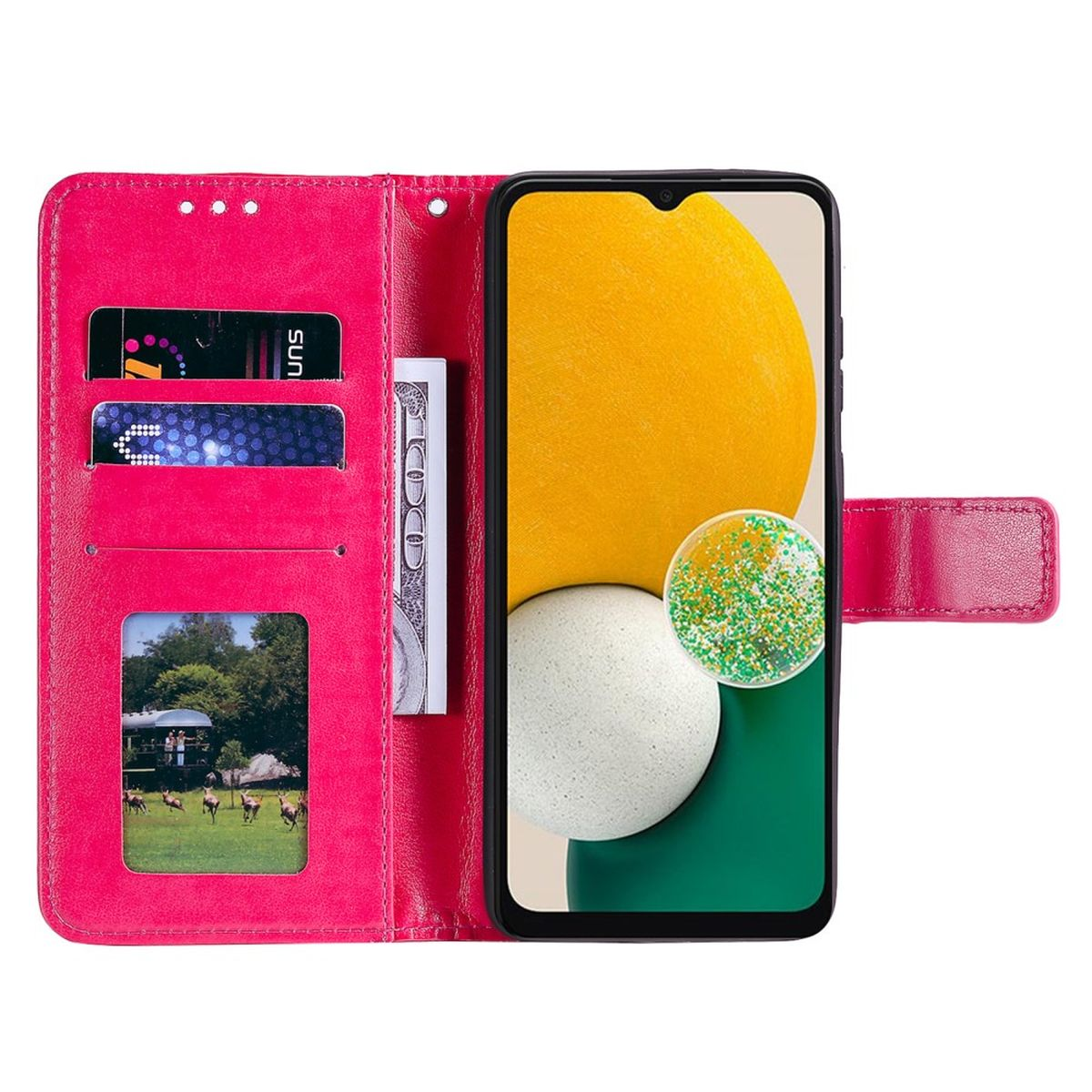 Offene rosa Handyhülle mit Telefon. Enthält Kreditkarten, Bargeld und ein Foto.