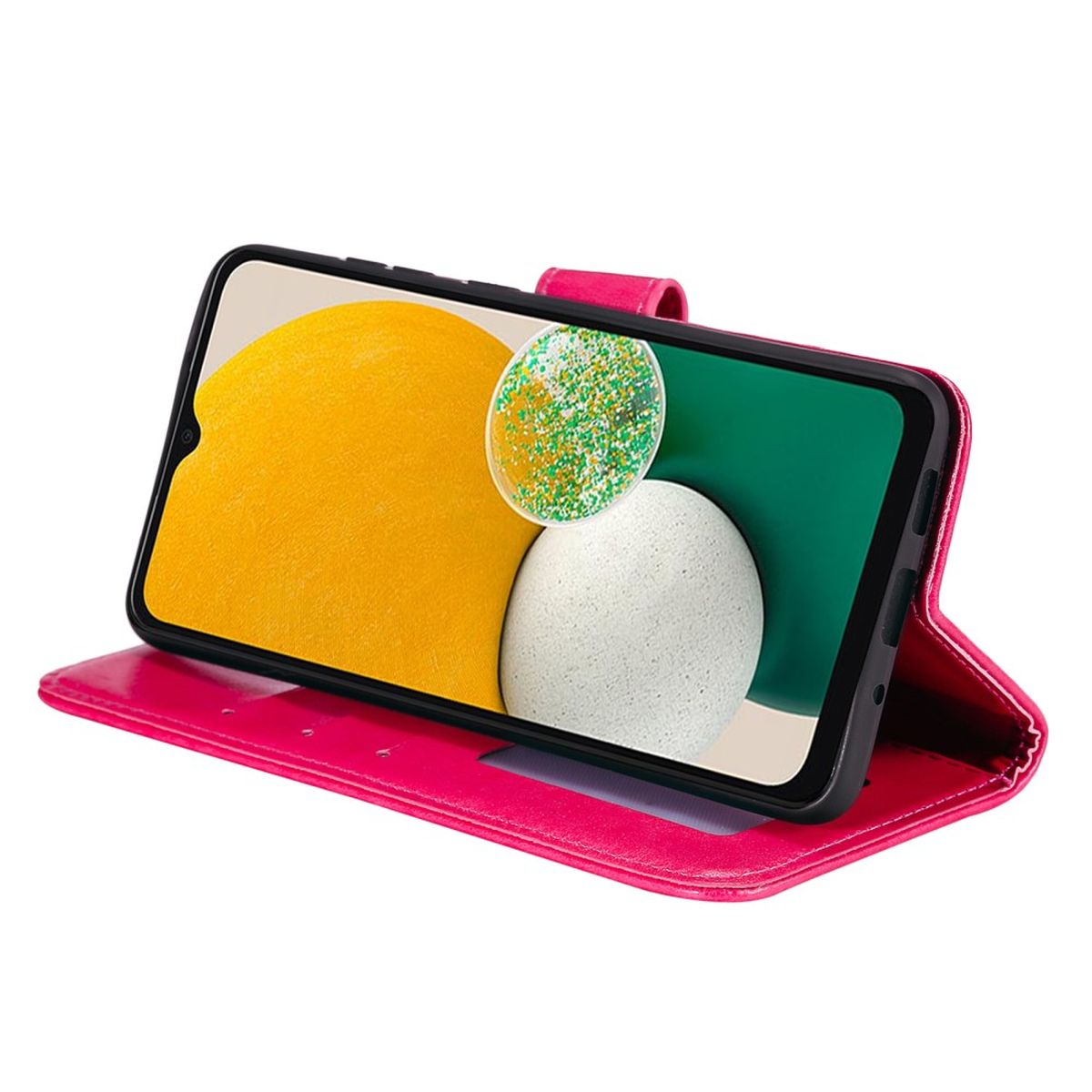 Ein Mobiltelefon in einer rosa Hülle, das in einer stehenden Position angezeigt wird.