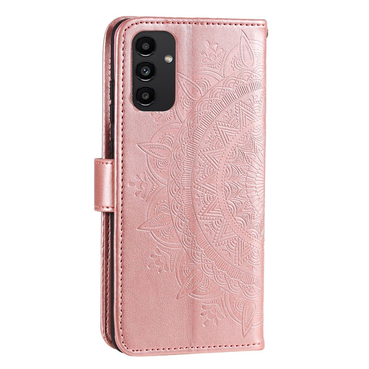 Eine rosa Handyhülle mit Mandalamuster. Die Hülle ist geöffnet und zeigt die Rückseite des Telefons.