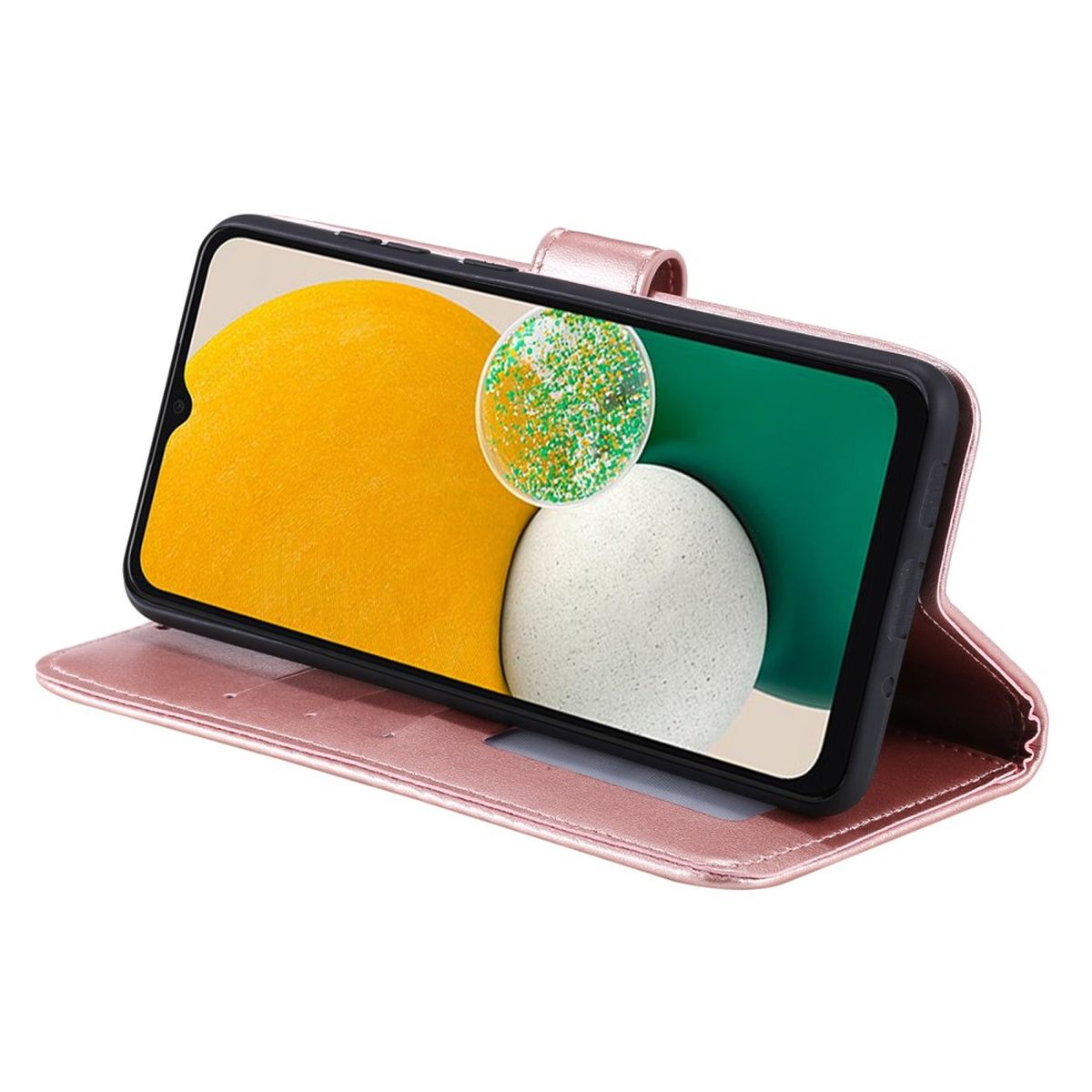 Rosafarbene Handyhülle mit Telefon, das bunte abstrakte Formen anzeigt, offen, auf weißem Hintergrund.