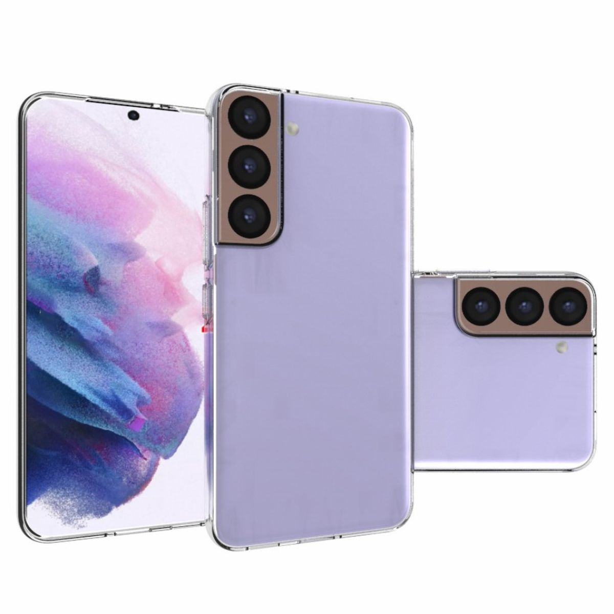 Drei Smartphones mit Hülle, von vorne und von der Seite. Weißer Hintergrund.