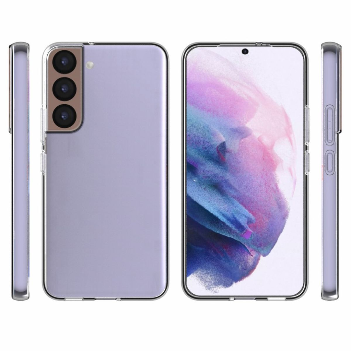 Ein Telefon in einer transparenten Hülle, das verschiedene Winkel zeigt, einschließlich Rückseite und Seiten.
