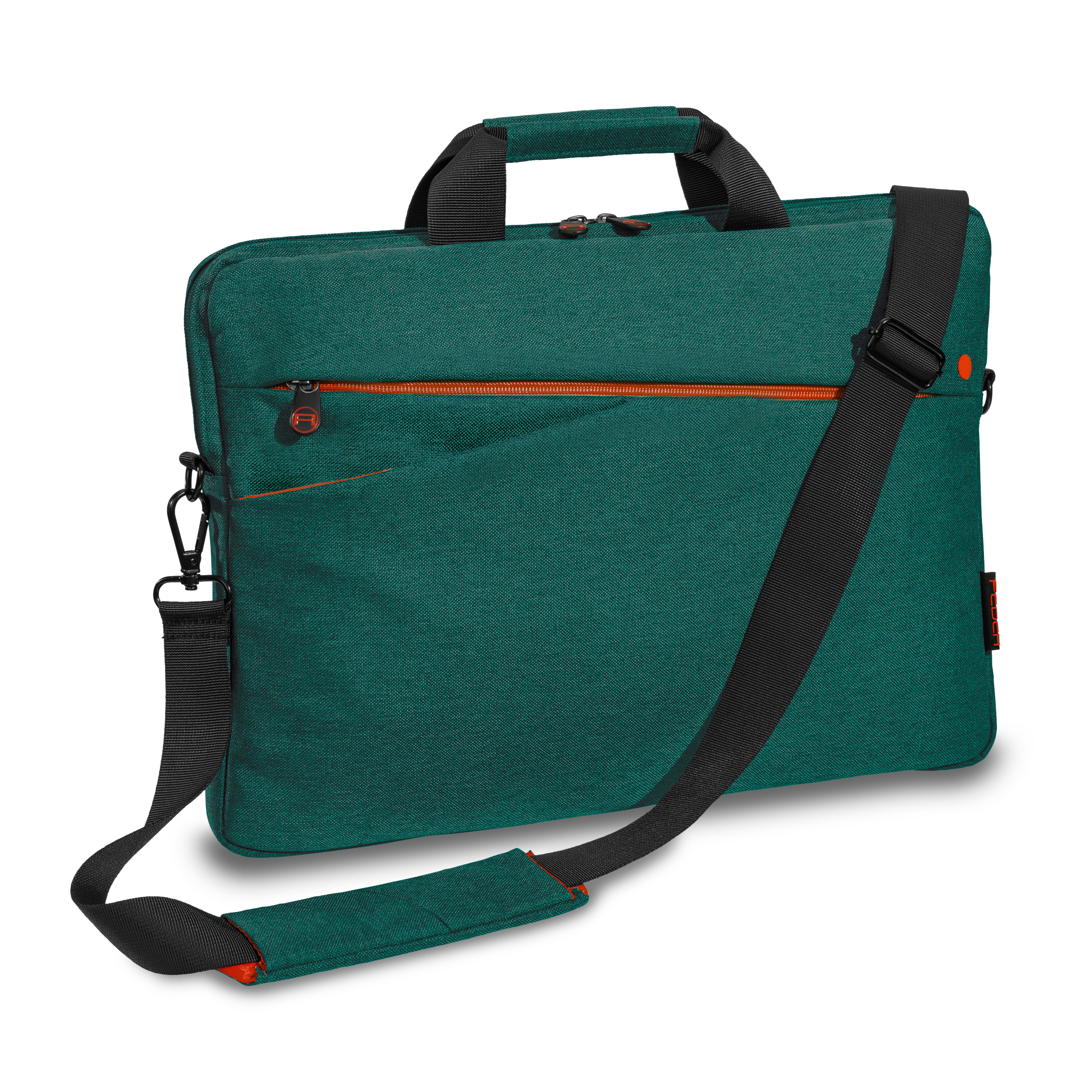 Borsa per laptop verde con cerniera e maniglia arancioni. Tracolla nera sulla borsa.