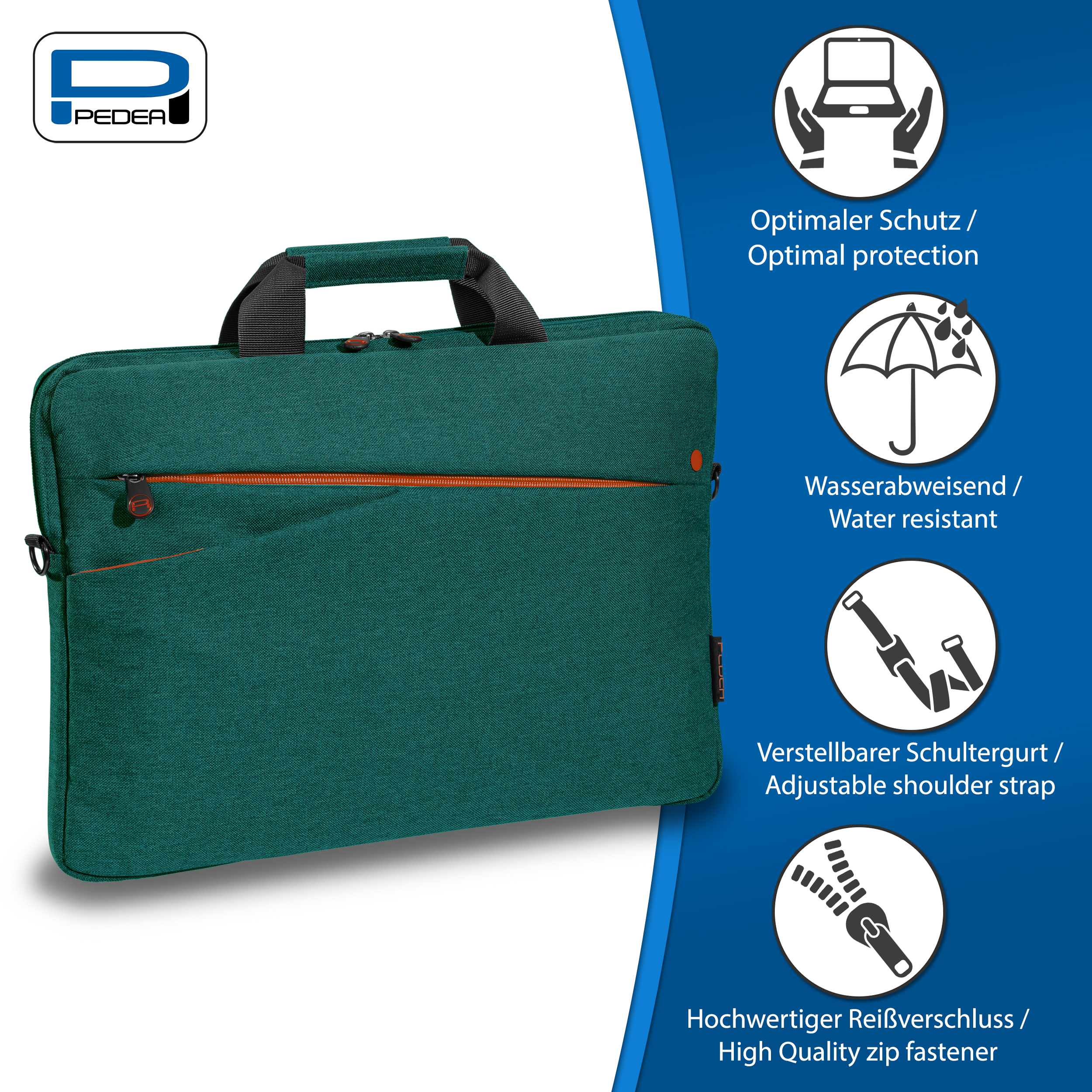 Grüne Laptoptasche mit orangefarbenem Reißverschluss und Symbolen für optimalen Schutz, Wasserfestigkeit.