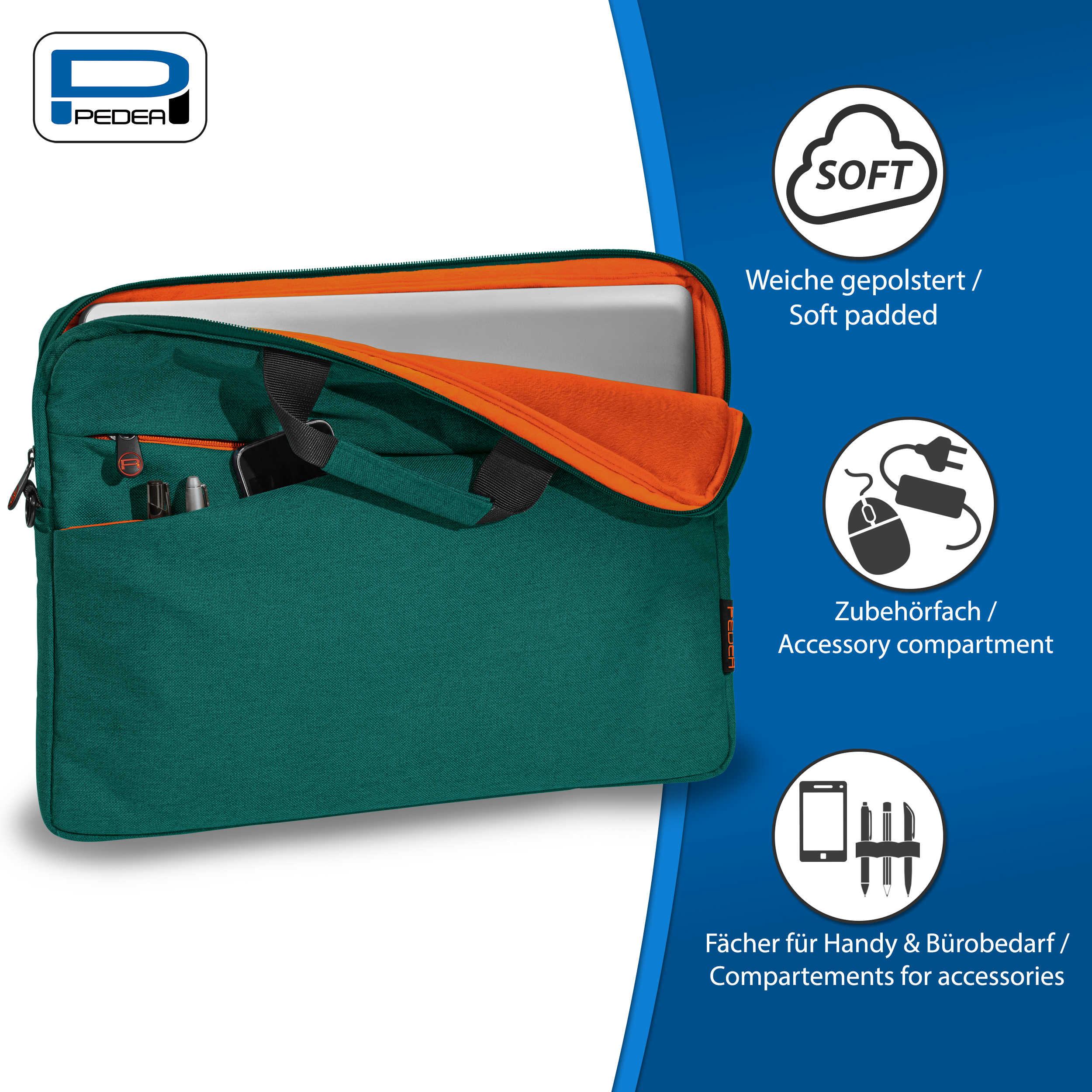 Eine türkis farbene Laptoptasche. Merkmale sind weiche Polsterung, Zubehörfach und Zubehörfächer.