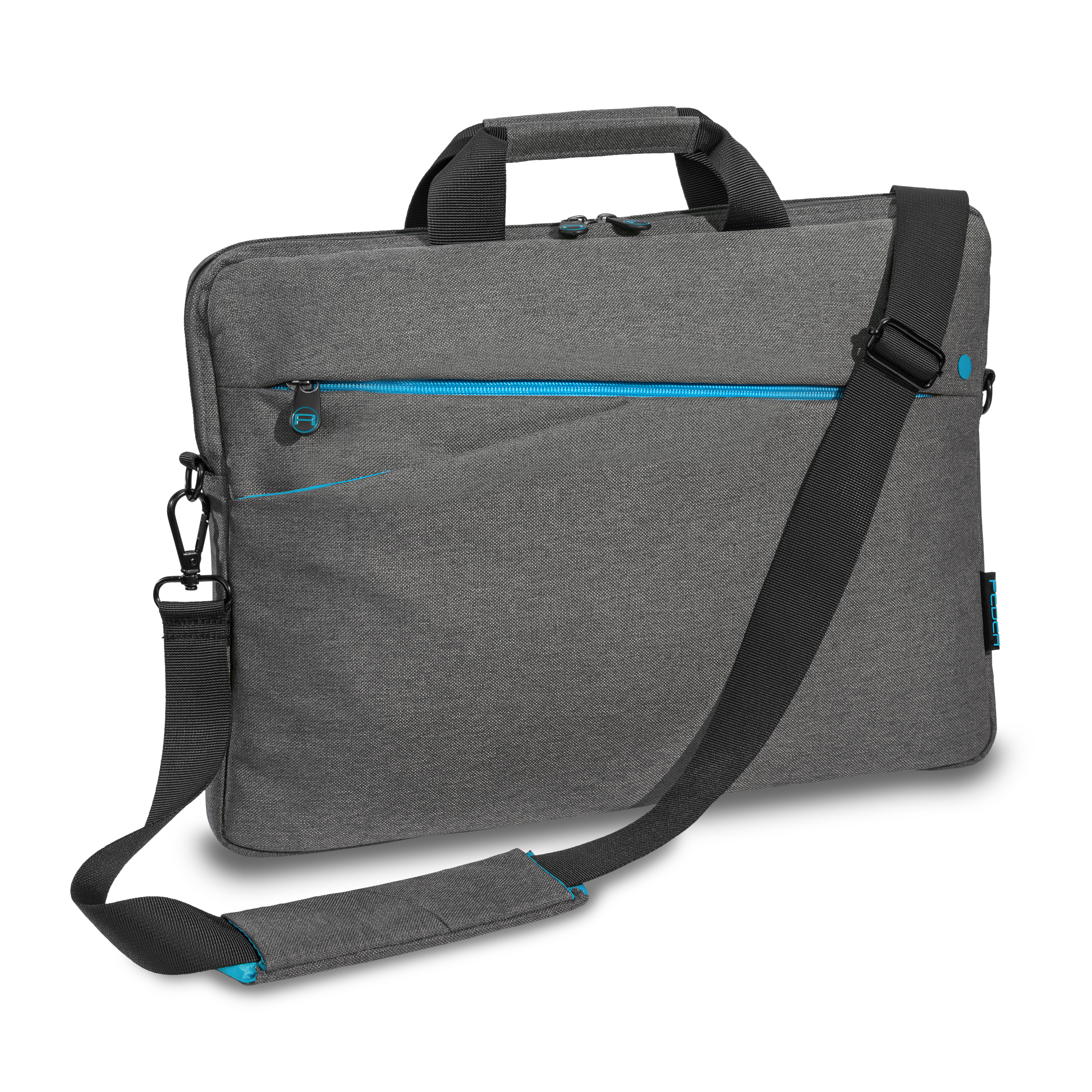 Una borsa grigia per laptop con cerniera e cinturino blu.