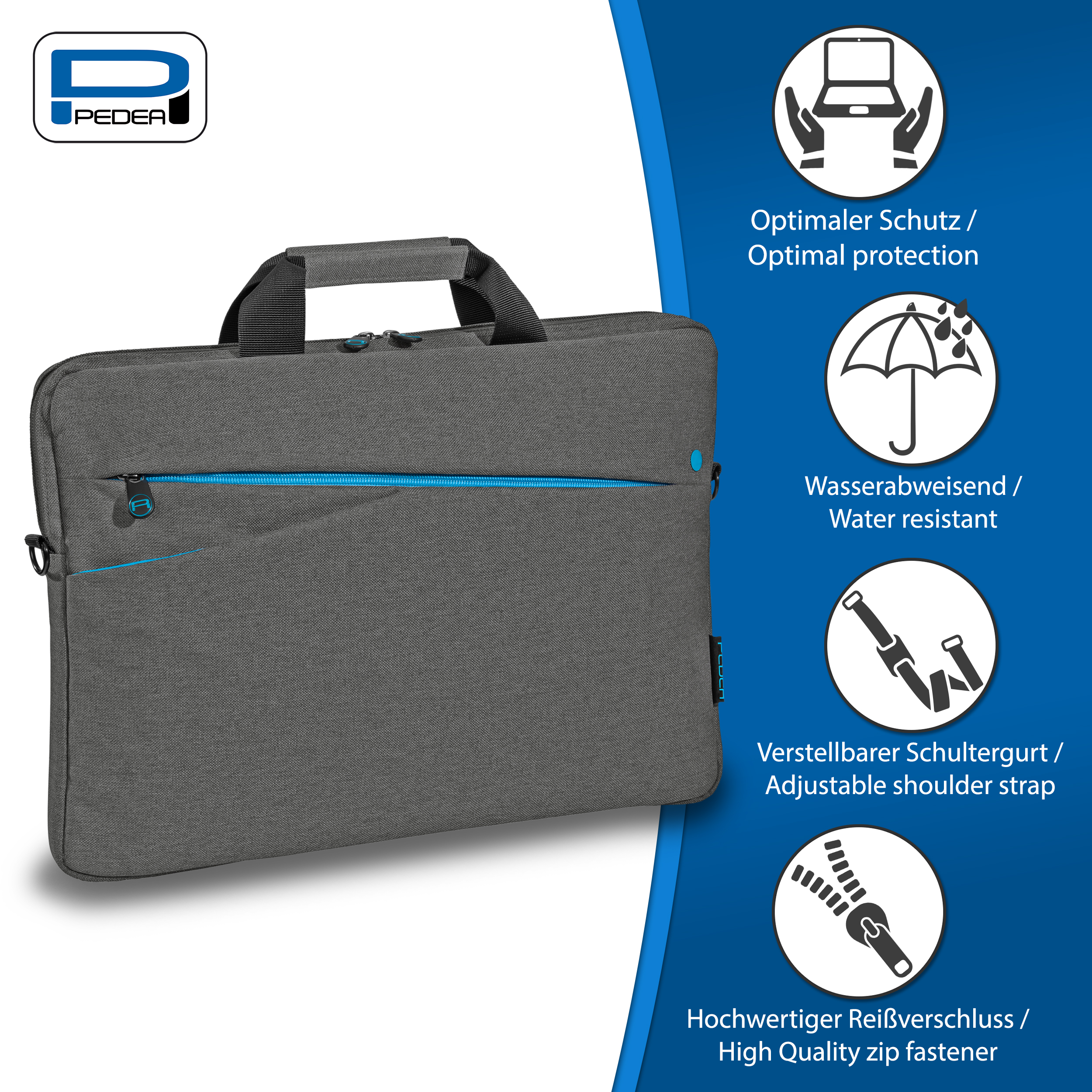 Graue Laptoptasche mit blauem Reißverschluss und Symbolen, die Schutz, Wasserbeständigkeit und verstellbaren Gurt zeigen.