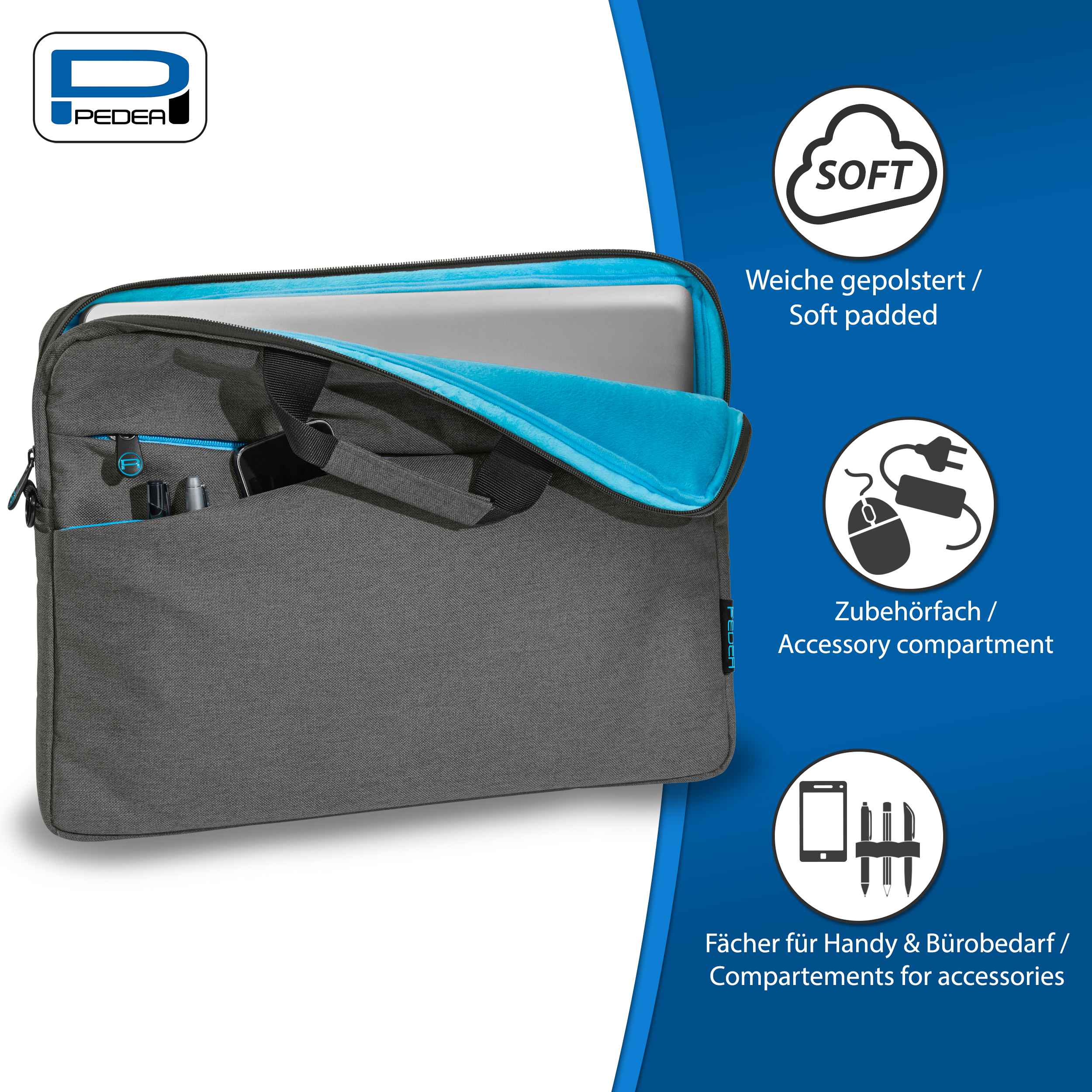 Eine graue Laptoptasche mit blauem Innenraum, mit Icons von Zubehörteilen auf der rechten Seite.