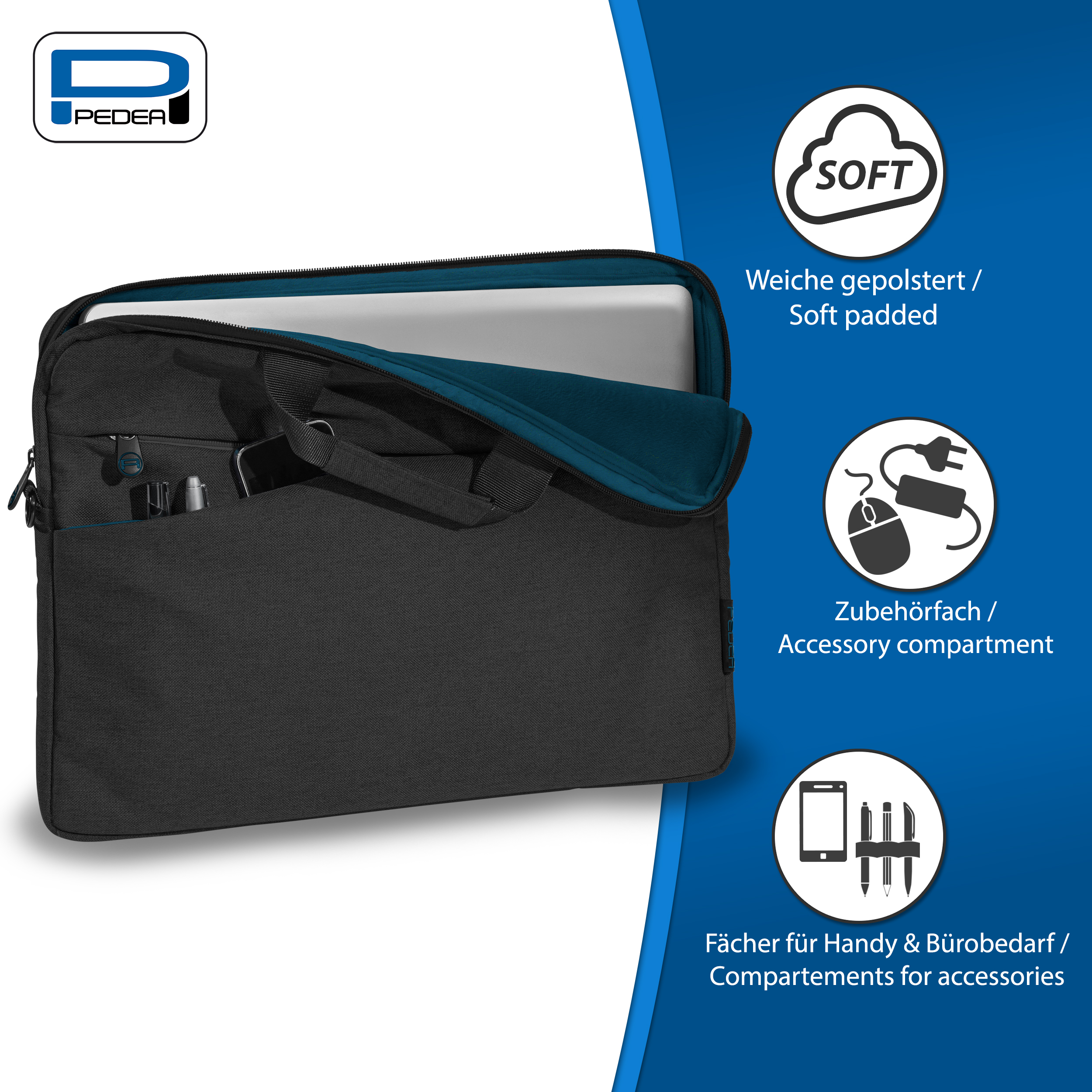 Schwarze Laptoptasche mit blauem Innenraum und Icons, die Funktionen anzeigen.