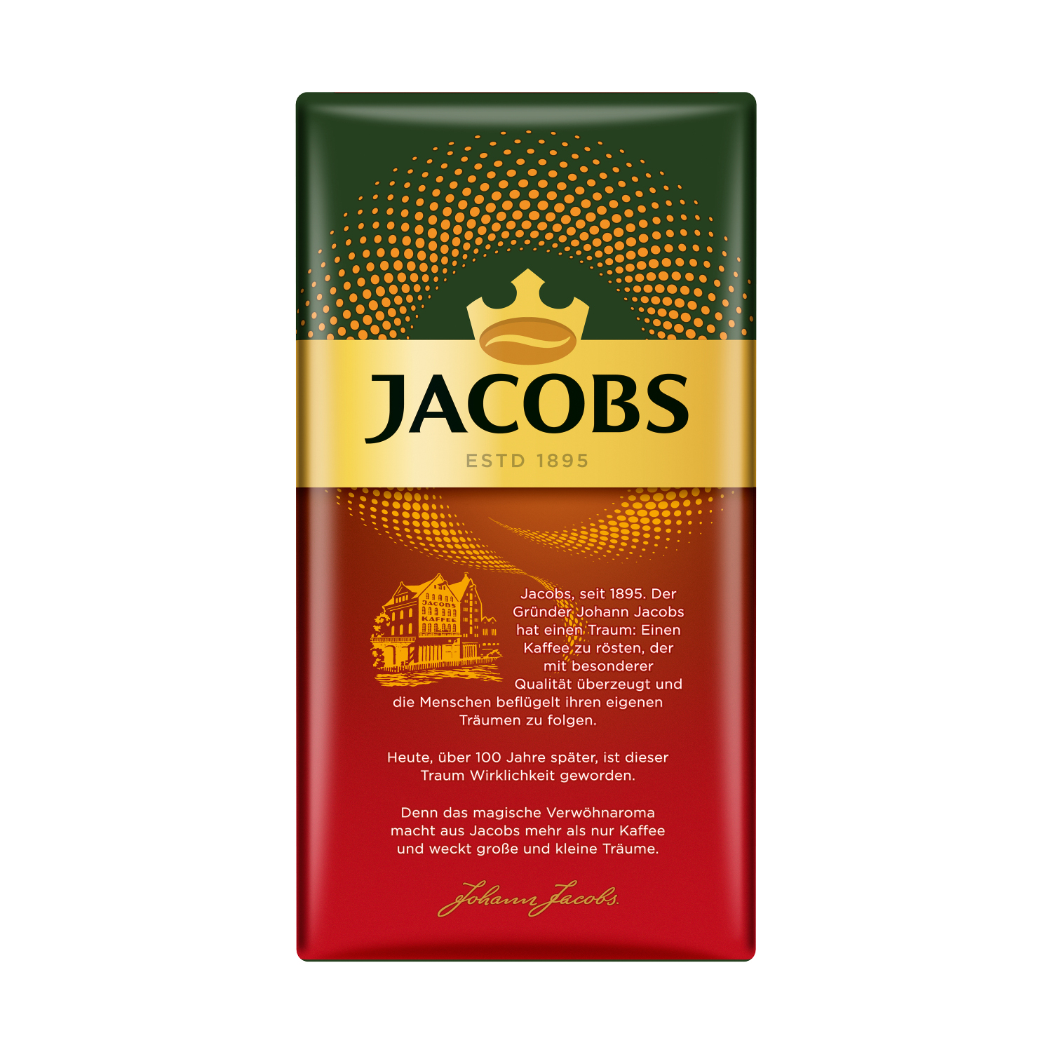 Kaffeepackung mit "Jacobs"-Marke, grünem Oberteil und rotem Boden, auf weißem Hintergrund.