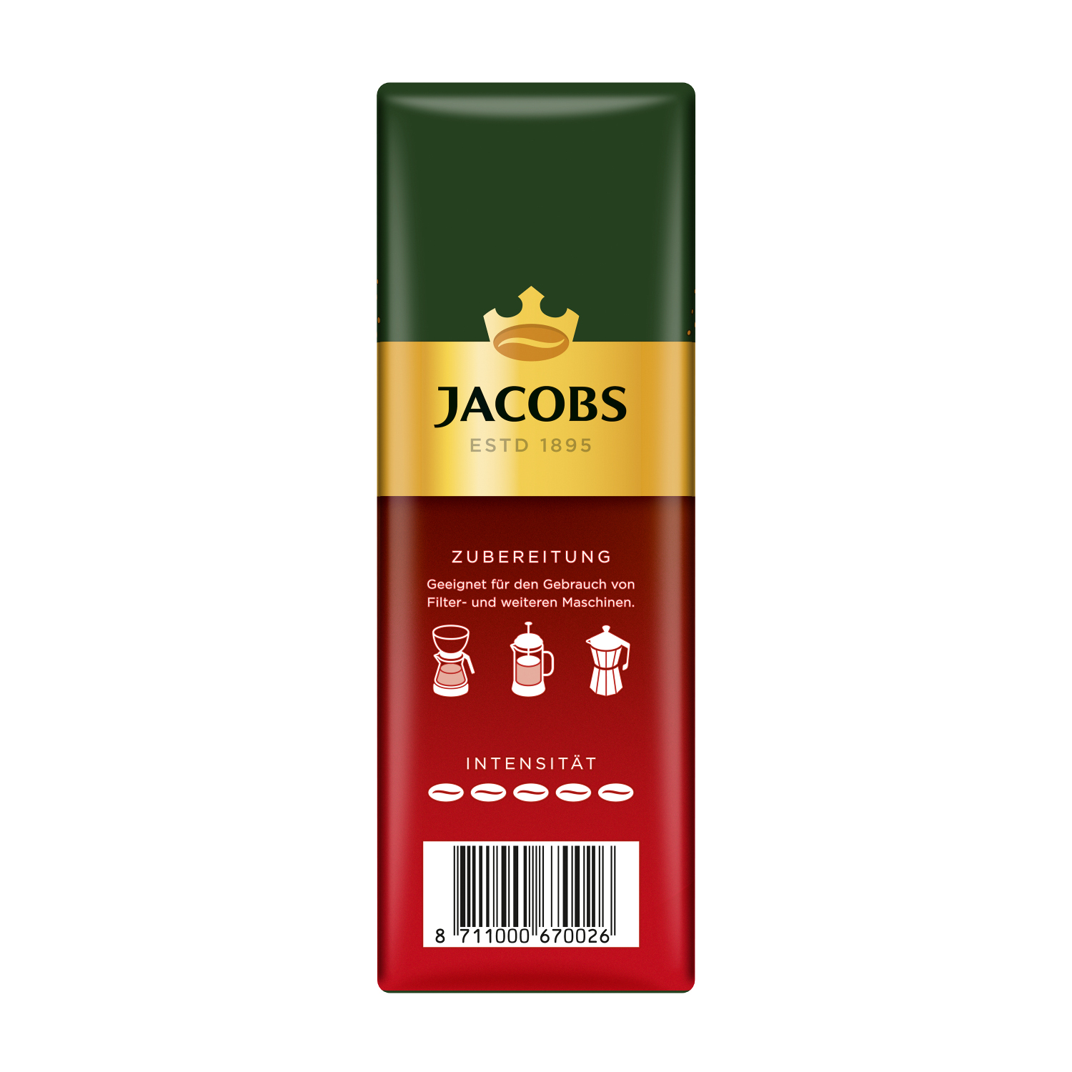 Ein Jacobs-Kaffeepaket mit grünem Deckel und rotem Boden. Text und Symbole sind sichtbar.