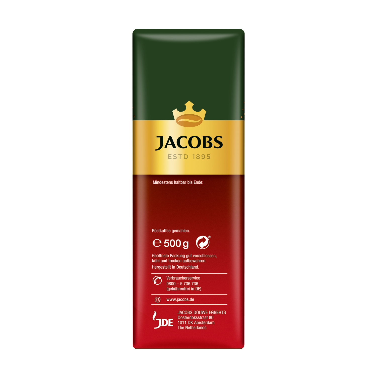 Kaffeepackung, grüner Deckel, roter Boden, Text: Jacobs. Enthält Kaffee, Gewicht 500g.