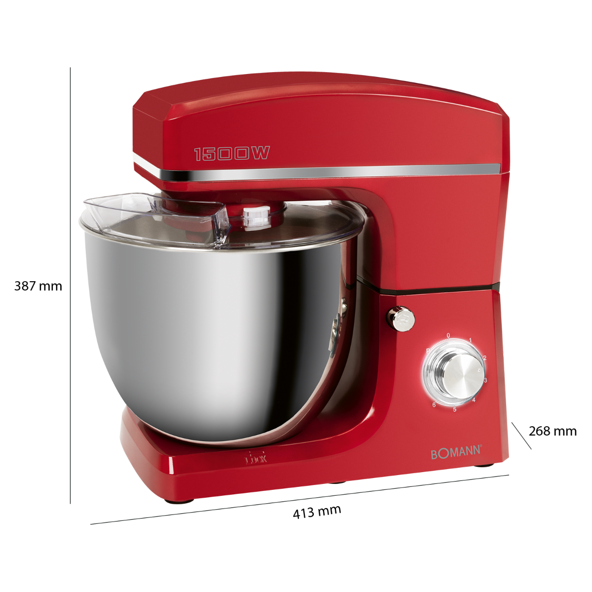 Czerwony mikser. Ma misę ze stali nierdzewnej, przezroczystą pokrywę i pokrętło.