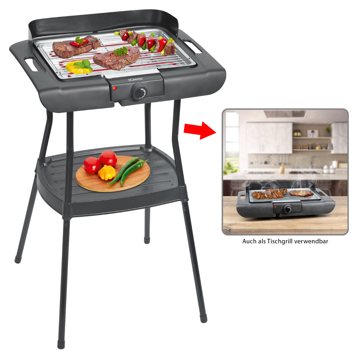 Grill elektryczny z gotowanym mięsem i warzywami. Obrazek wstawiony pokazuje podobny grill.