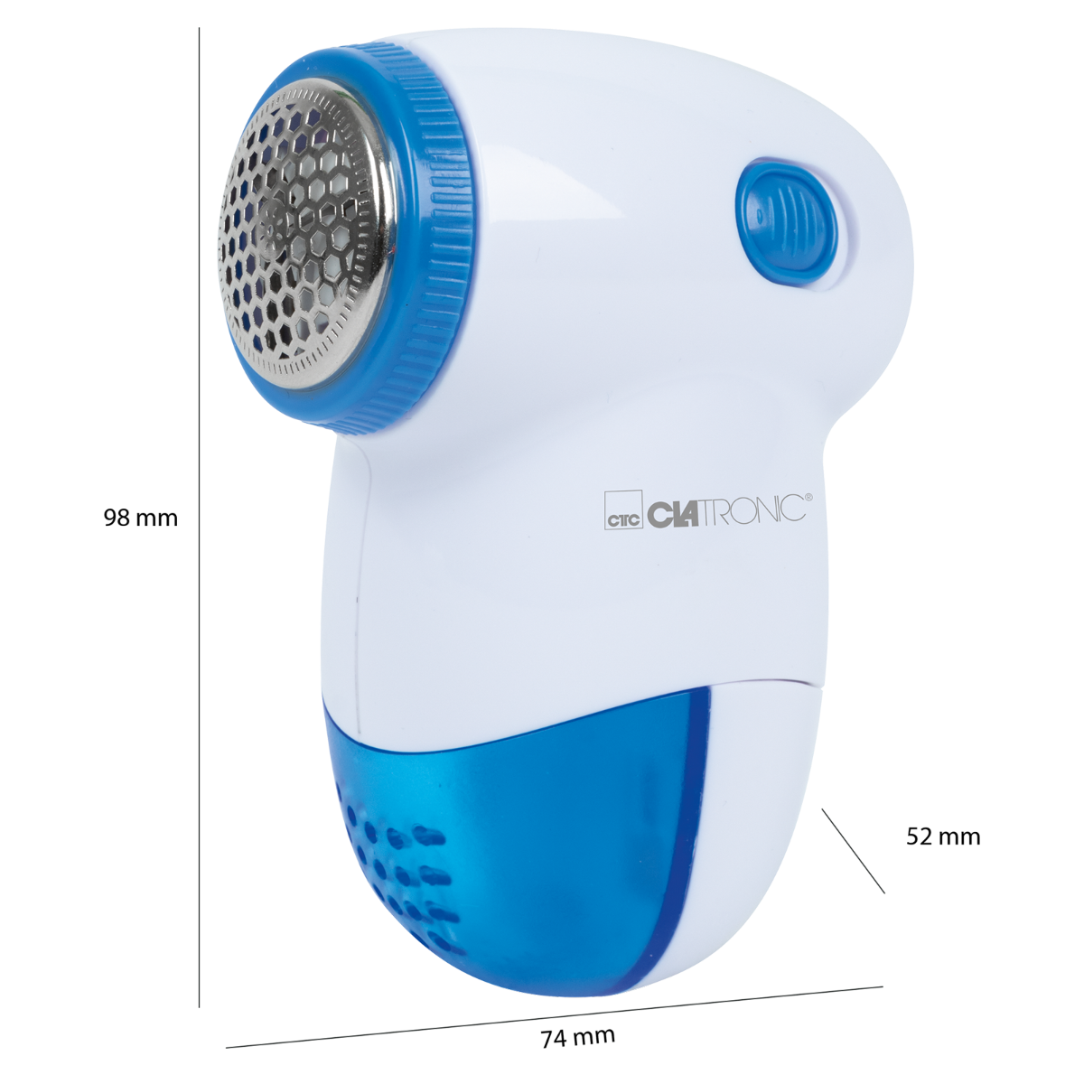 Biało-niebieski depilator. Ma perforowaną głowicę i niebieski przycisk zasilania.