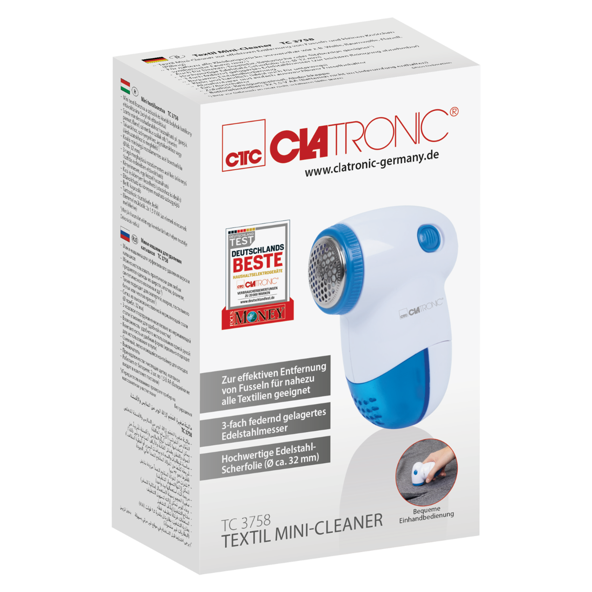 Biało-niebieskie pudełko do golarki elektrycznej. Pudełko jest na czarnej powierzchni i ma białe tło.