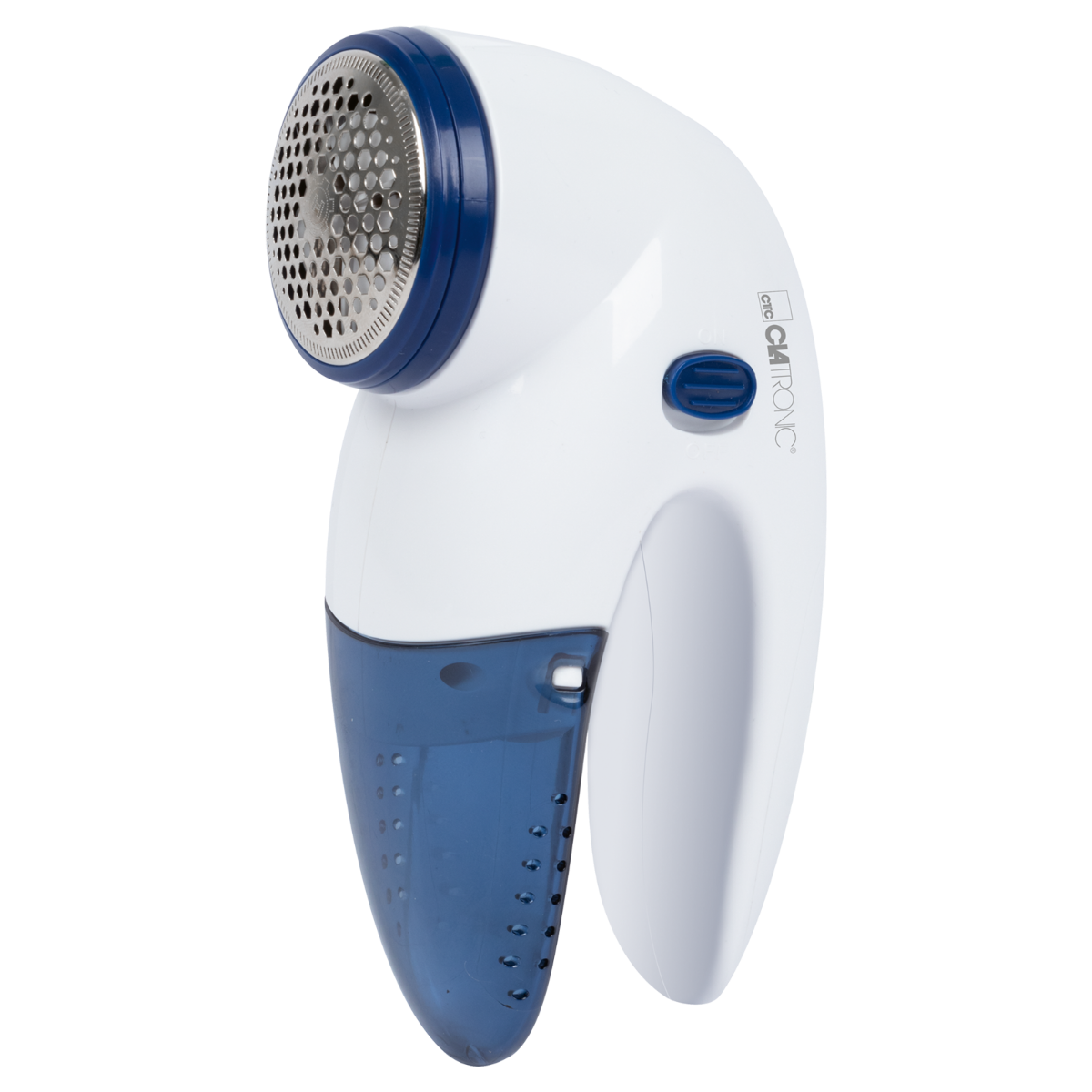 Biało-niebieski środek do usuwania kłaczków. To urządzenie ręczne do usuwania kłaczków z ubrań.