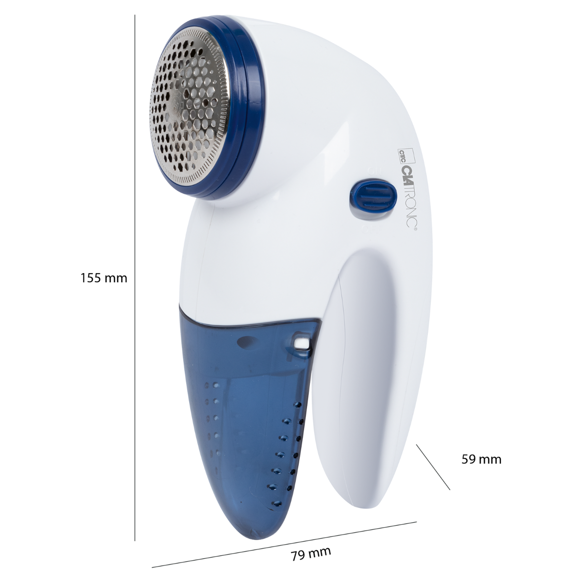 Biało-niebieski odkurzacz do kłaczków, z wymiarami. Wymiary: 137 mm x 58 mm x 70 mm.