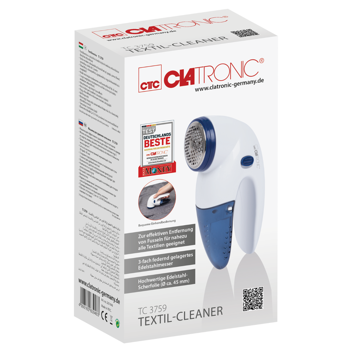 Zapakowana biało-niebieska golarka do tkanin z marką Clatronic. Wyświetlany jest tekst i obrazy.