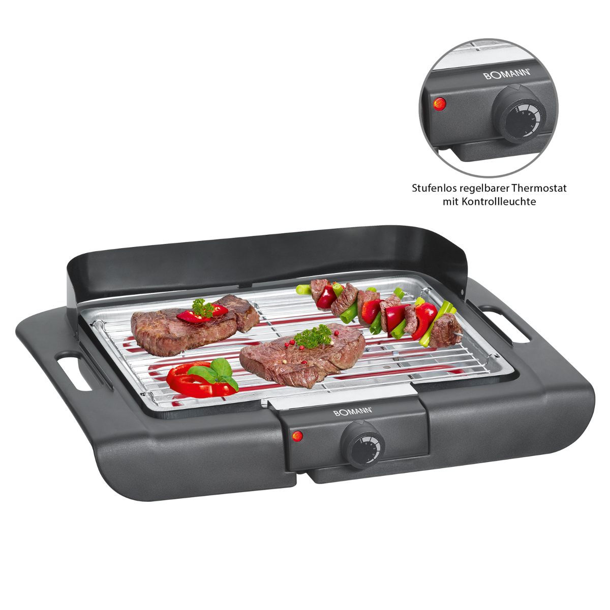 Grill elektryczny z mięsem i warzywami piekącymi się na ruszcie. Panel sterowania z pokrętłem po prawej stronie.