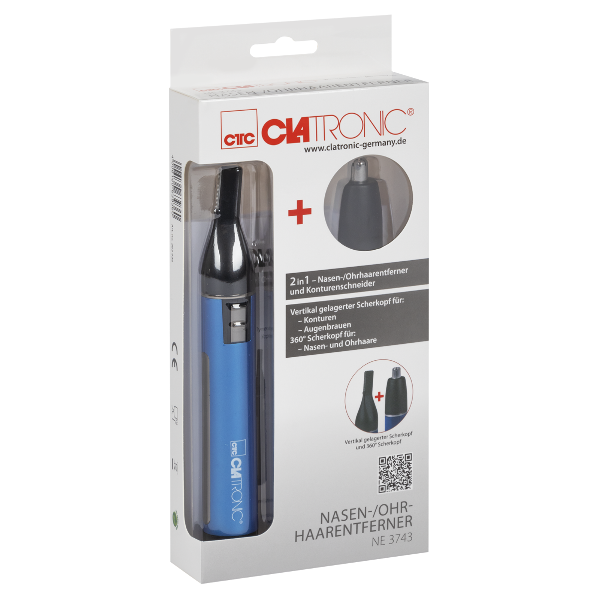 Niebiesko-czarny trymer do włosów w nosie z opakowaniem. Zawiera dodatkowe głowice tnące.