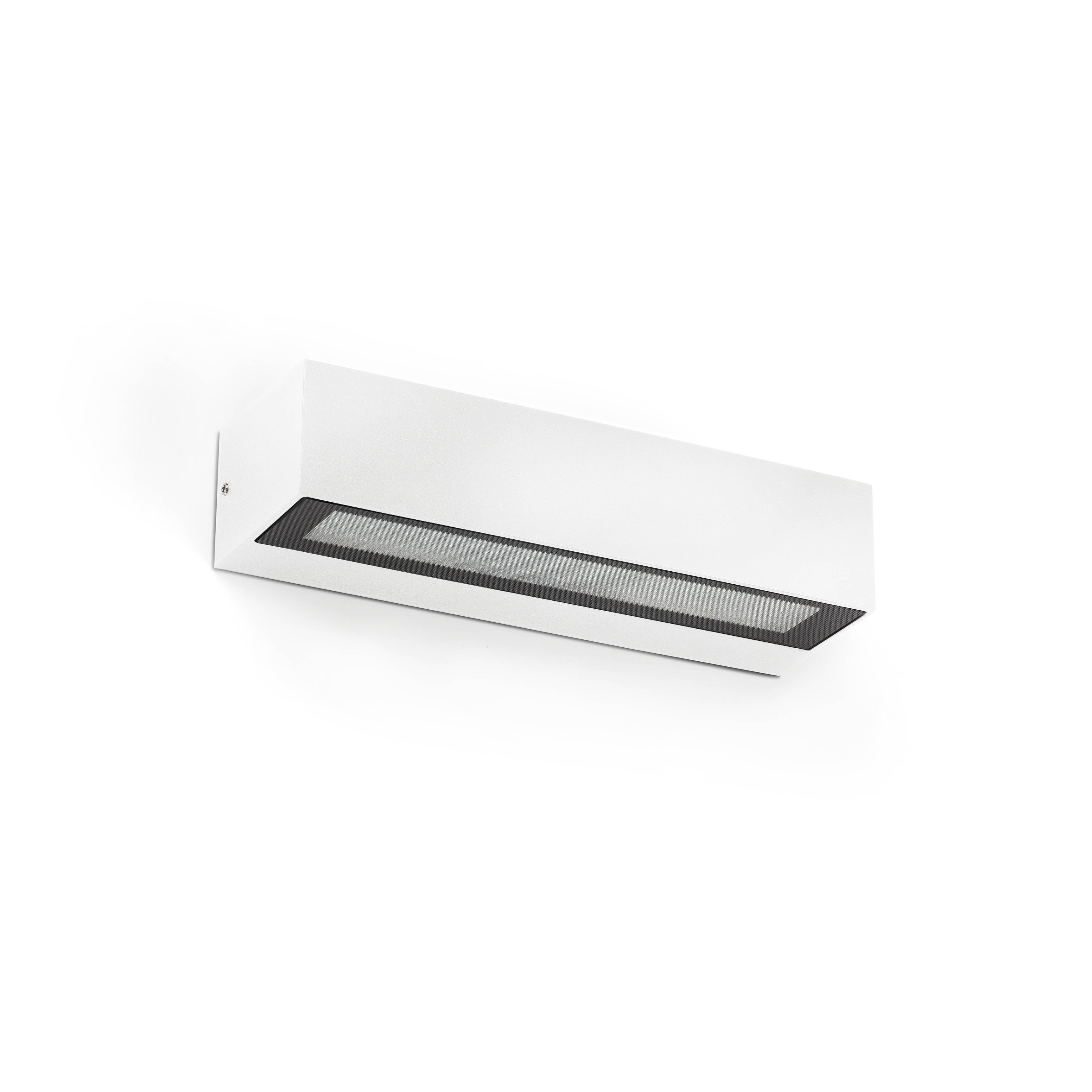 Lampada da parete rettangolare bianca con griglia scura, su sfondo bianco.