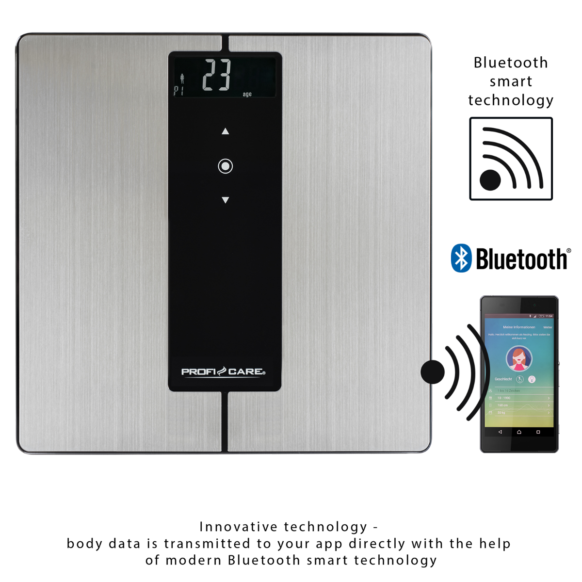 Waga cyfrowa z wyświetlaczem wagi i wieku, połączona ze smartfonem.