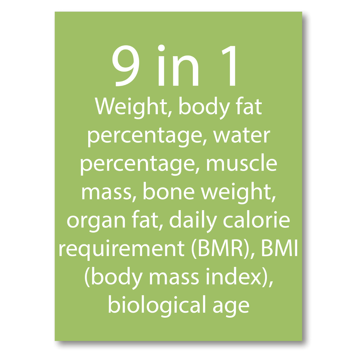 Zielony prostokąt z tekstem o wadze, tkance tłuszczowej, wodzie, masie mięśniowej itp.