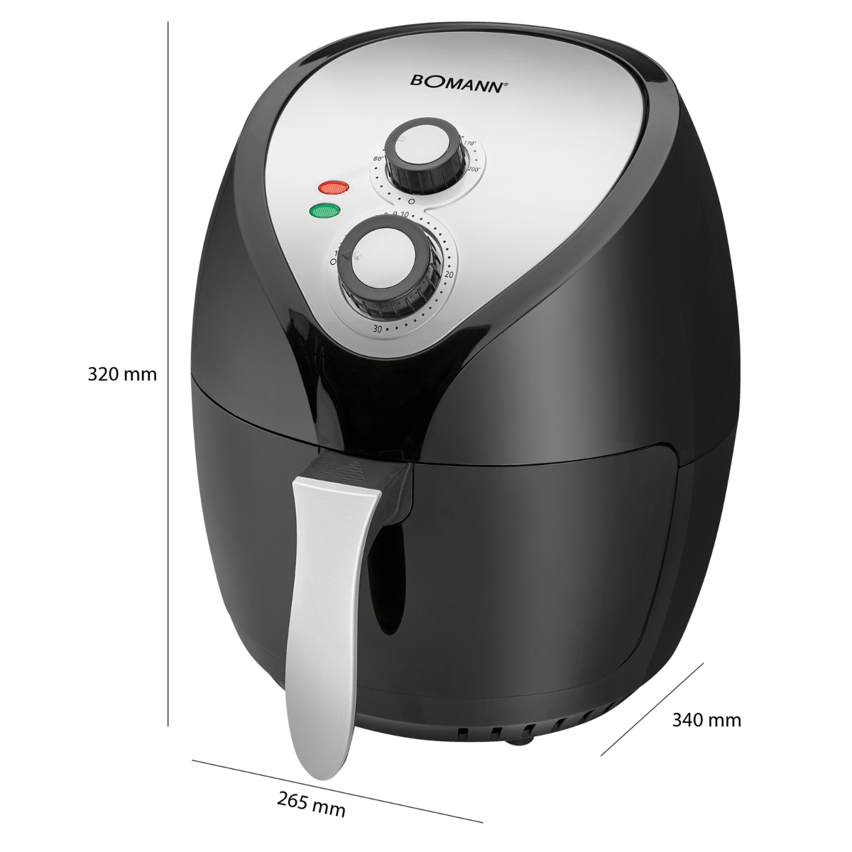 Friggitrice ad aria nera con manico argentato, manopole e spie luminose, dimensioni.