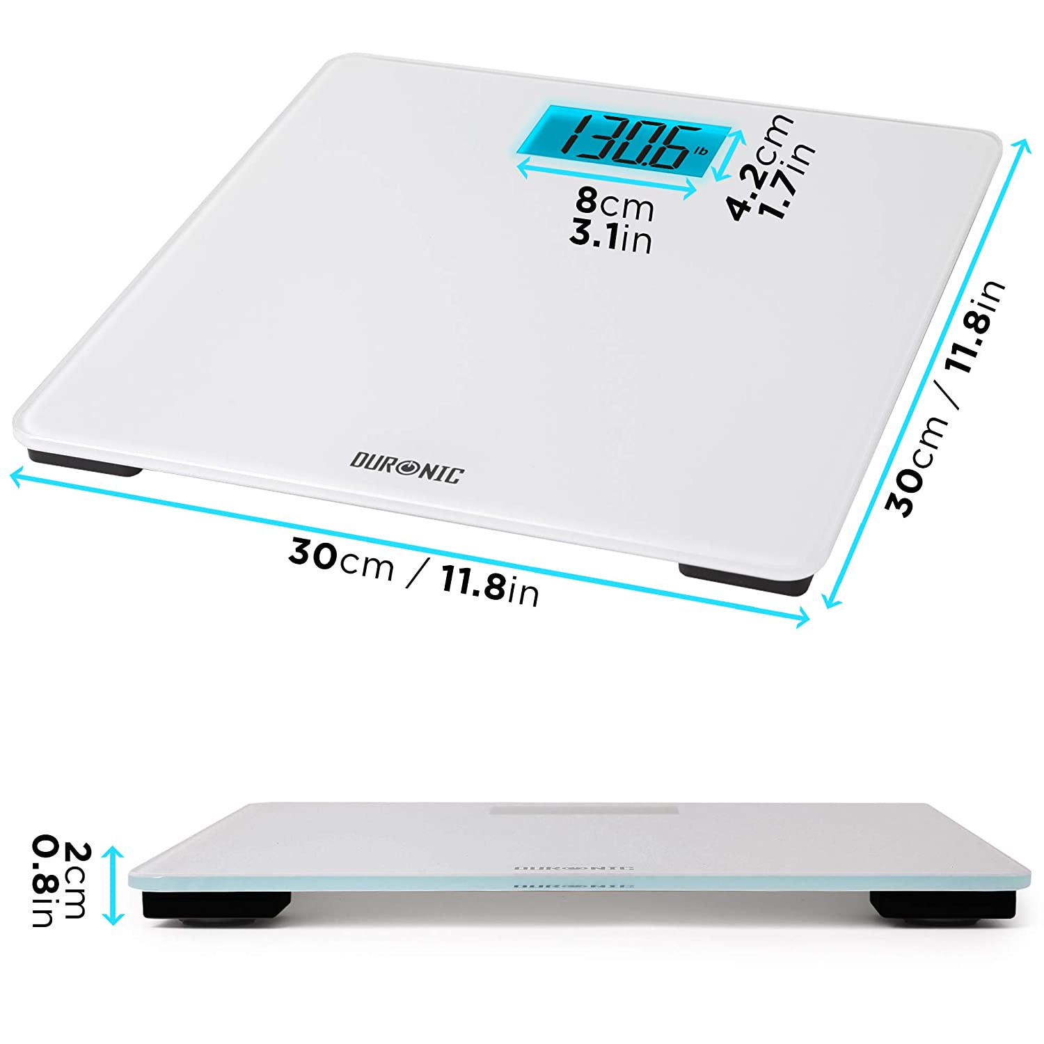 Báscula digital blanca que muestra 130.6 lbs. Las dimensiones se muestran en cm y pulgadas.
