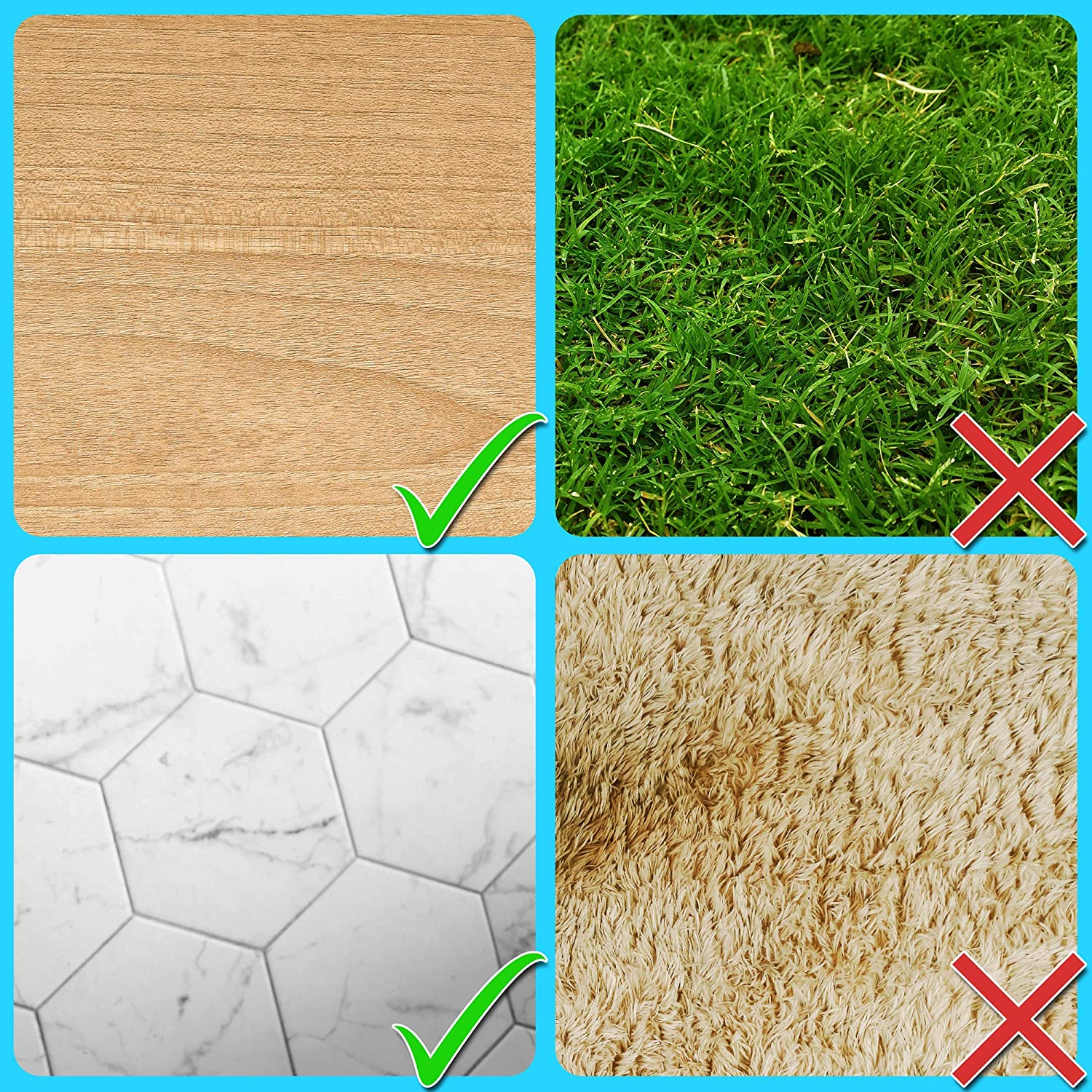 Vier Quadrate: Holzmaserung, Gras, Marmorfliese und Shaggy-Teppich. Häkchen auf Holz und Fliese.