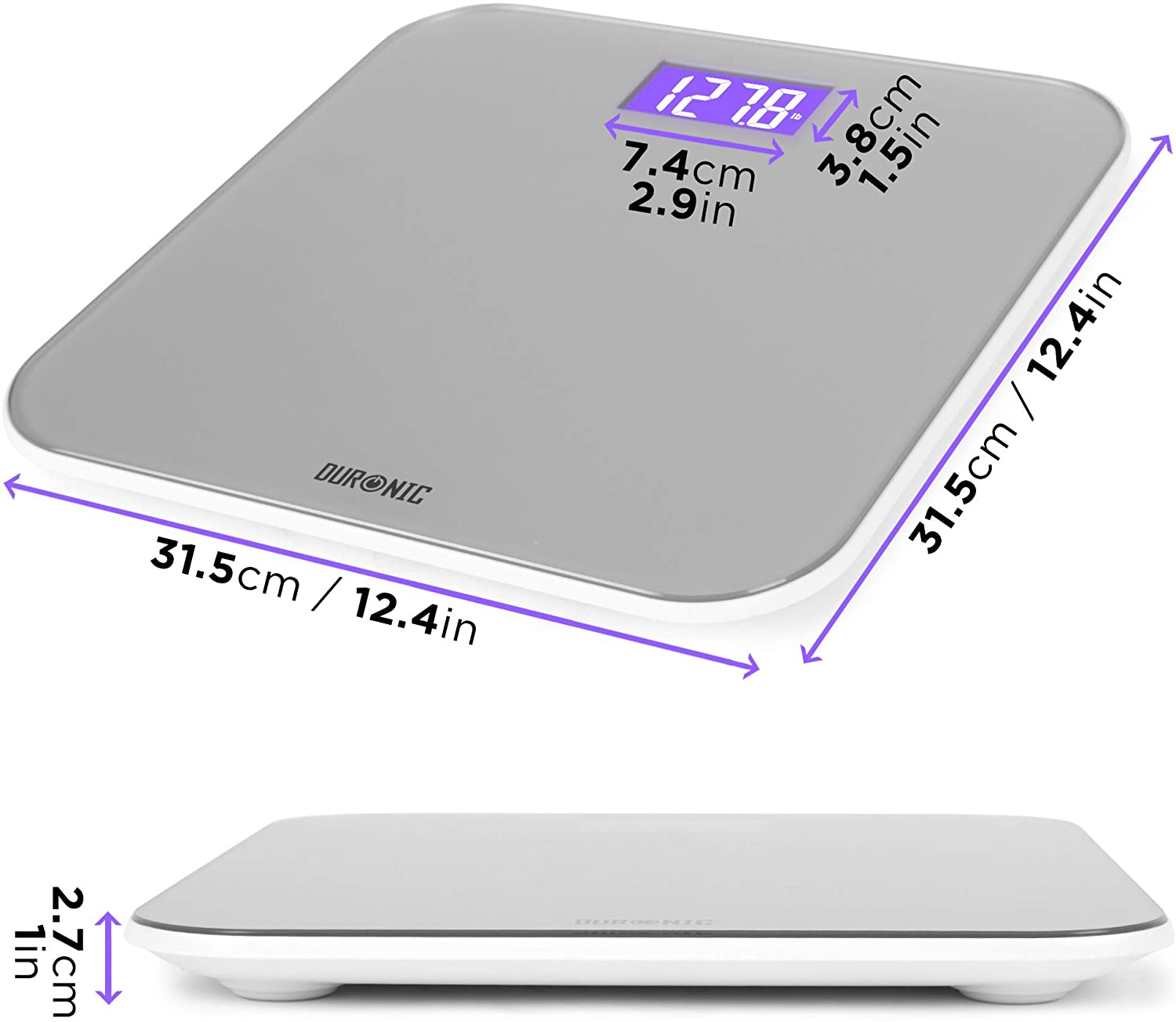 Báscula digital de baño, gris, con medidas en centímetros y pulgadas.