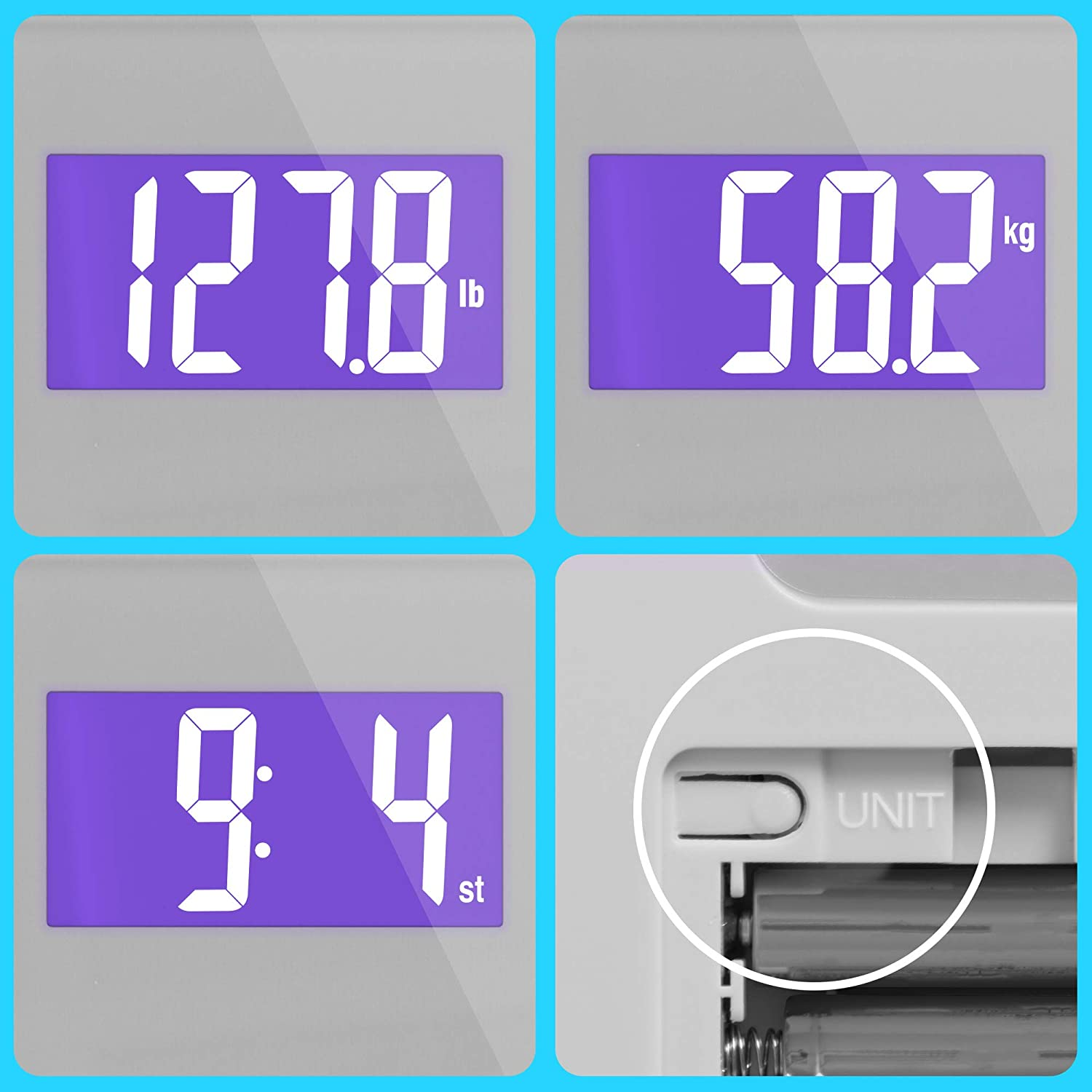 Báscula digital que muestra el peso en libras, kg y st. Hay un botón de unidad.