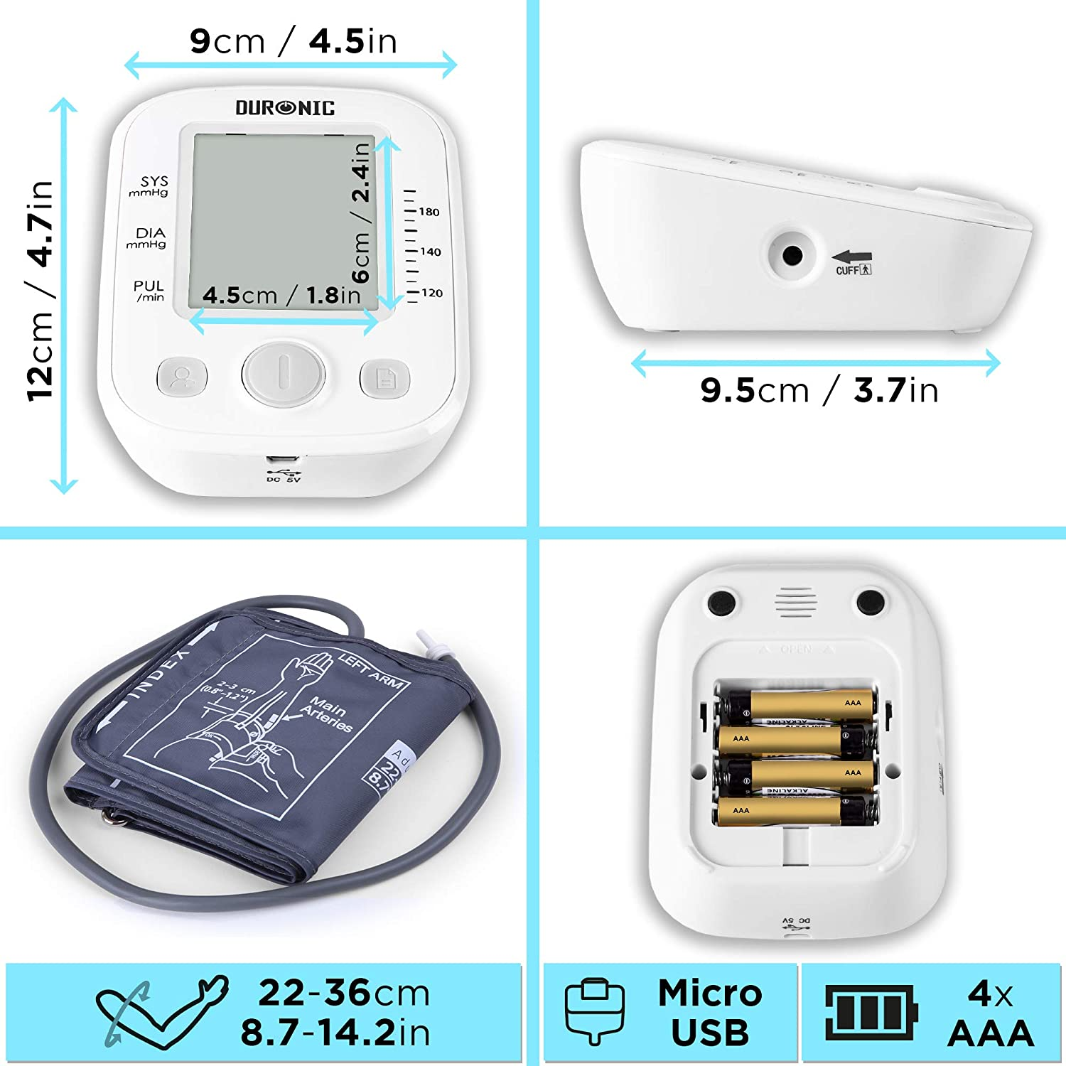Weißes Blutdruckmessgerät mit Maßen, Manschette und Batterien.