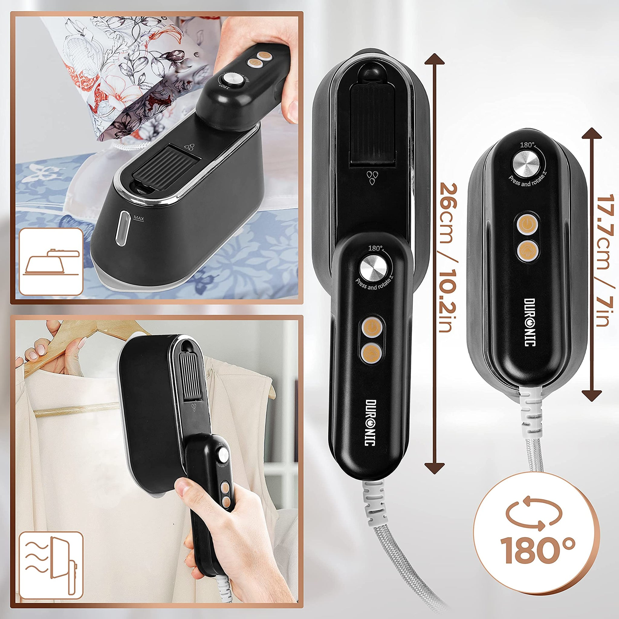 Plancha negra con dimensiones etiquetadas. Texto: Presionar y soltar 180 grados.