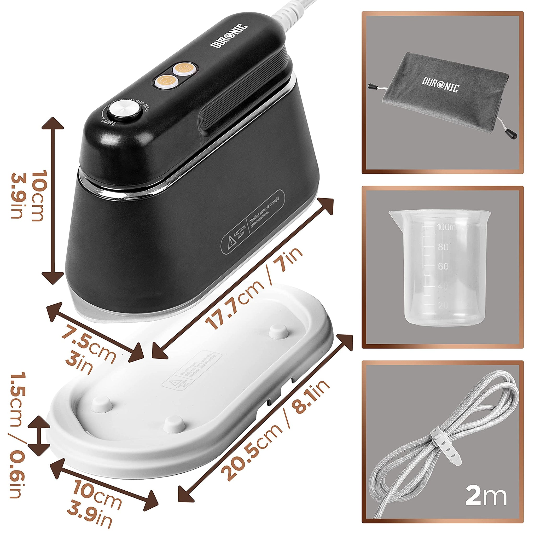 Plancha negra con sus accesorios. Medidas mostradas.