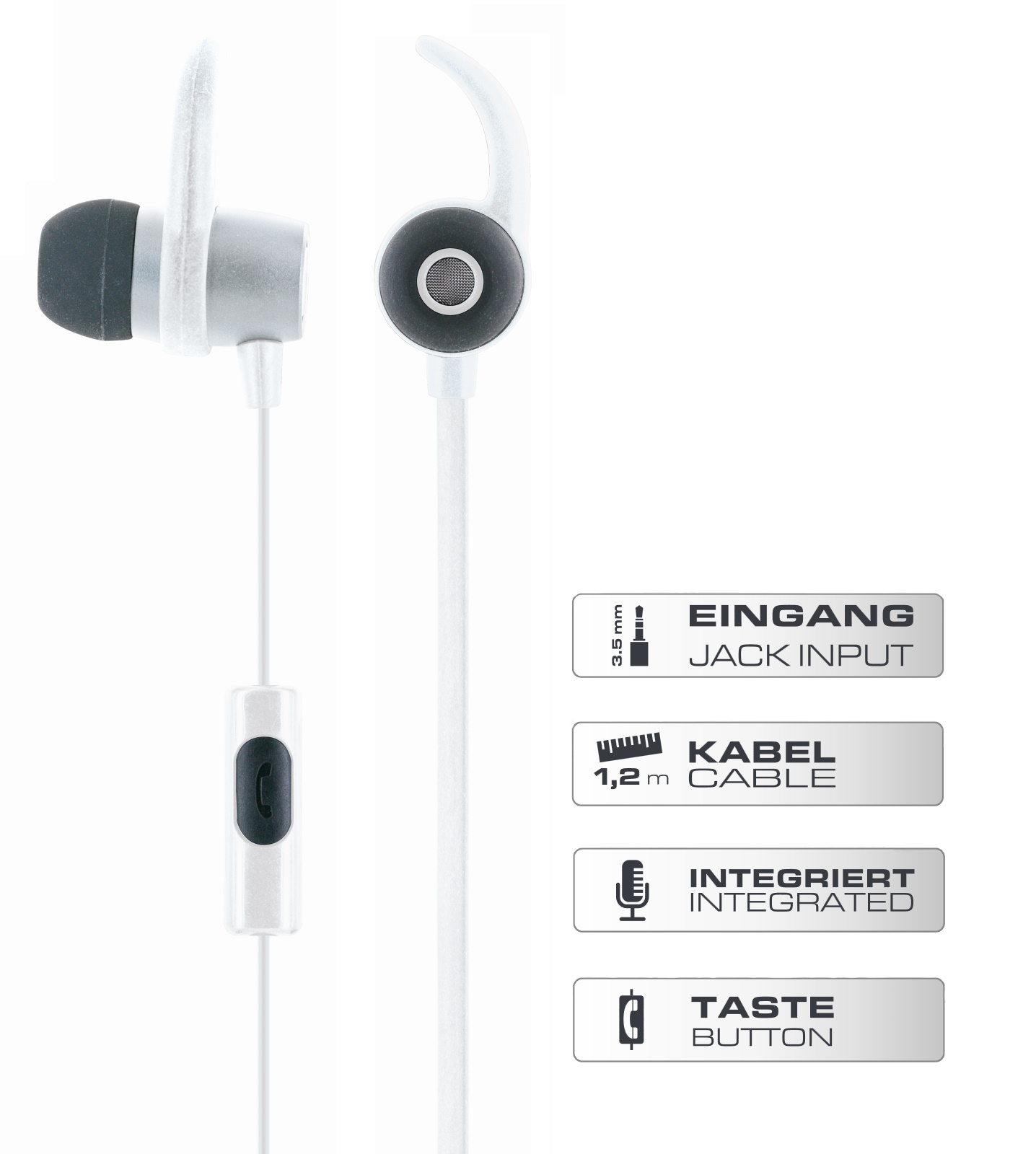Weiße und silberne Ohrhörer mit Kabel und Steuerungstaste. Textinfo auf der Seite.
