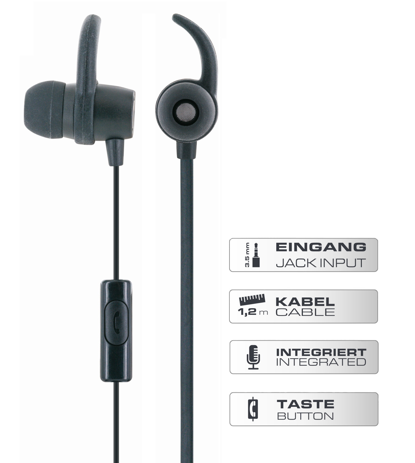 Cuffie in-ear grigie con microfono e pulsante di controllo.