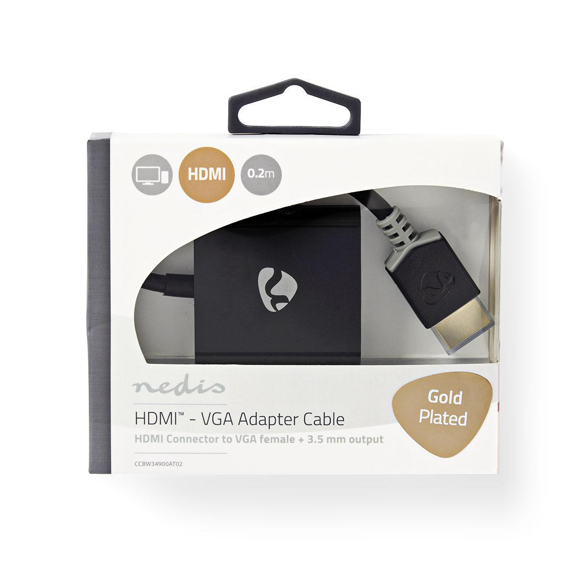 HDMI-zu-VGA-Adapterkabelbox mit schwarzem Adapter und vergoldetem Stecker.