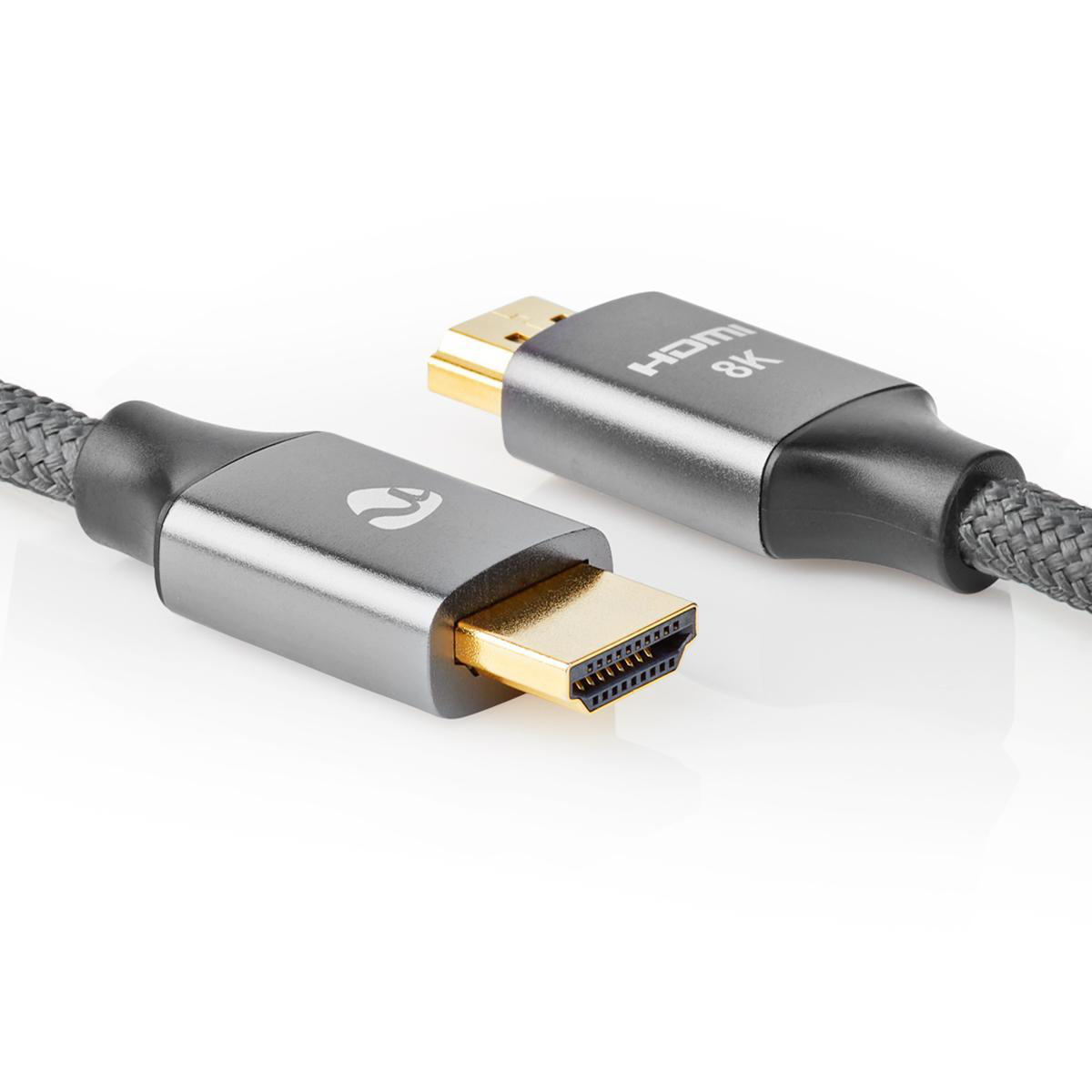 Zwei HDMI-Anschlüsse, einer goldfarben, der andere silberfarben, verbunden durch ein graues geflochtenes Kabel.
