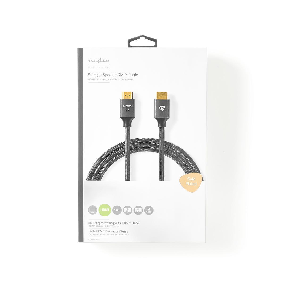Weiße Box mit einem HDMI-Kabel darin. Das Kabel ist dunkelgrau mit vergoldeten Steckern.