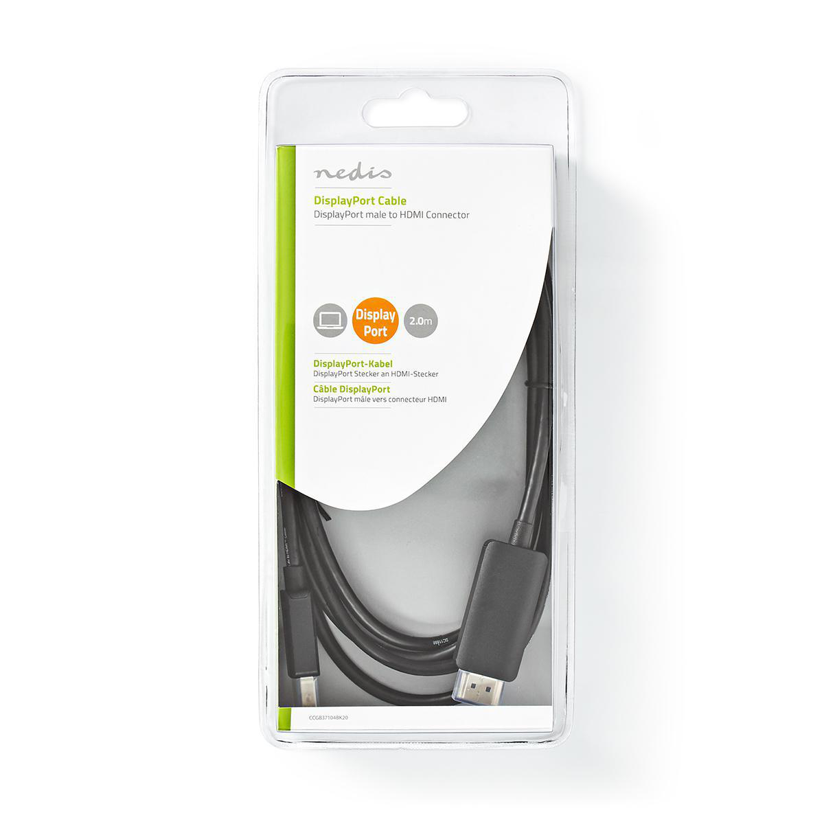 DisplayPort-Kabel in Verpackung. Schwarzes Kabel, weißer Hintergrund.