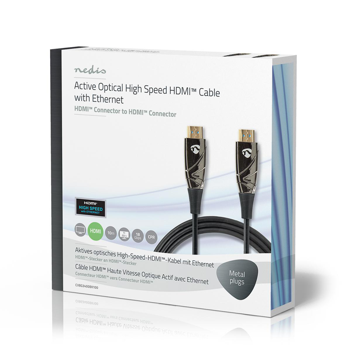 Verpacktes High-Speed-HDMI-Kabel mit Ethernet, mit Metallsteckern und Produktinformationen.