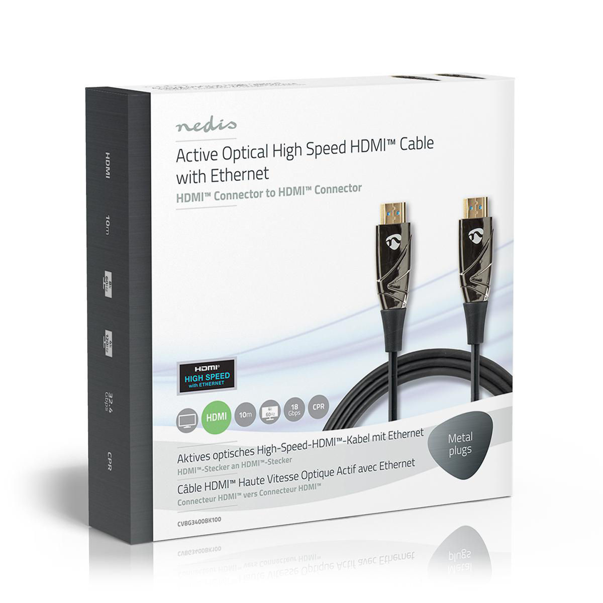 Schwarz-weiße Schachtel eines HDMI-Kabels. Die Schachtel zeigt das Kabel und den HDMI-Anschluss.