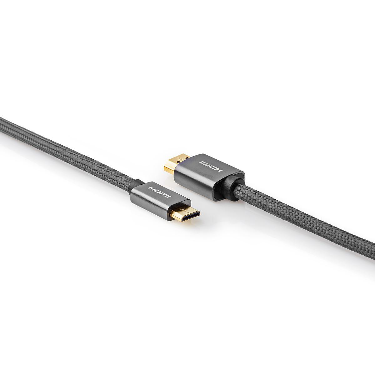 HDMI-Kabel mit zwei Anschlüssen. Ein Micro- und ein Standardkabel, graues Kabel auf Weiß.