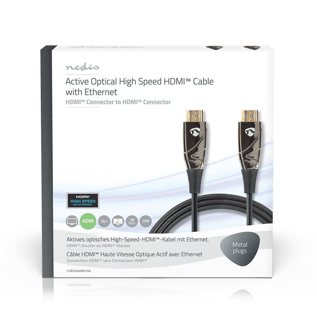 Eine weiße Box mit zwei HDMI-Kabeln, beschriftet mit Informationen und einem HDMI-Logo. Schwarzes Kabel.